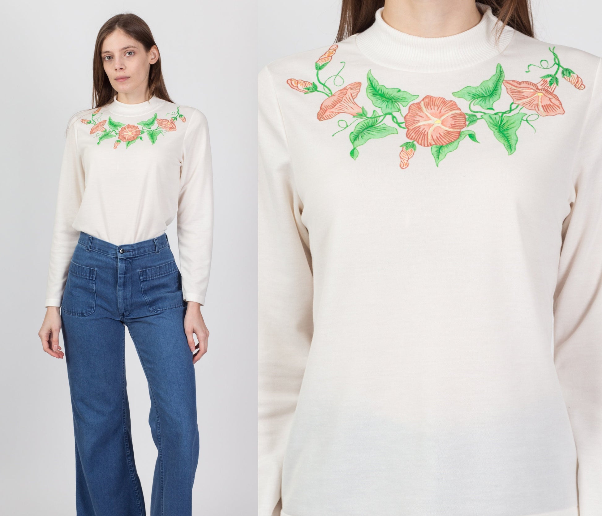 70s Painted Floral Mockneck Top - Medium 