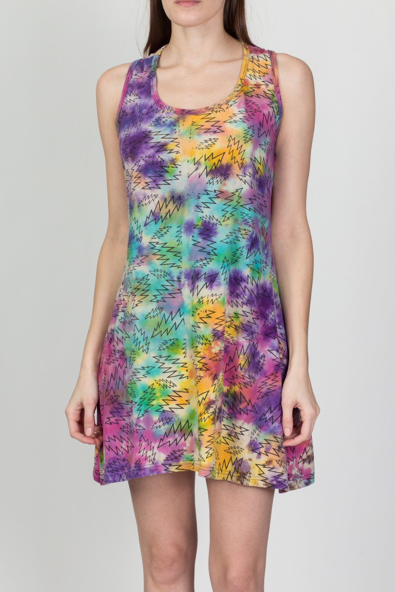 90s Tie Dye Lightning Bolt Mini Dress - Petite Medium to Large 