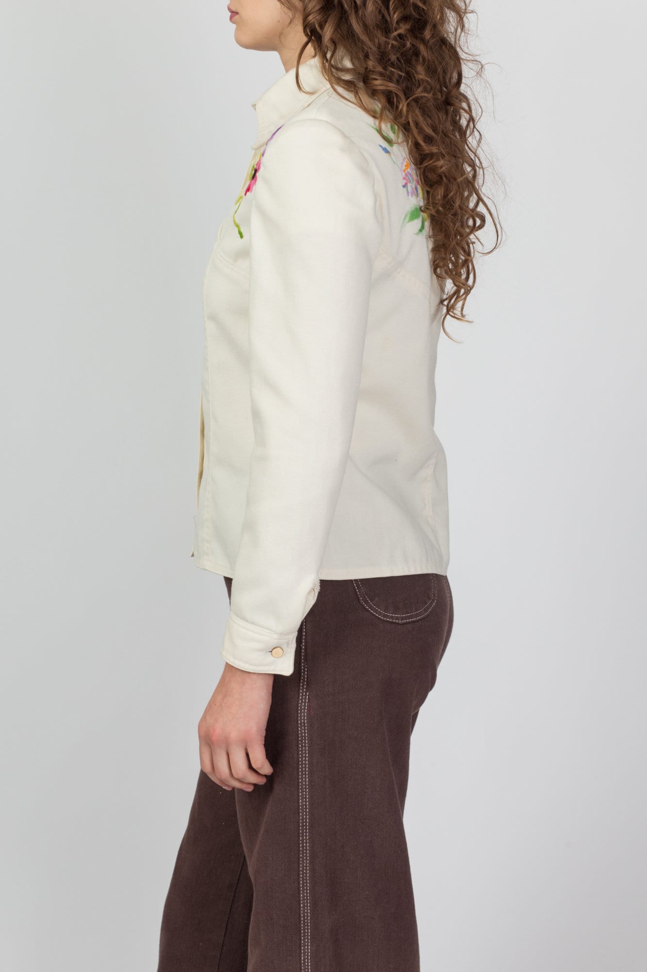 70s Embroidered Off-White Denim Look Jacket - Small 