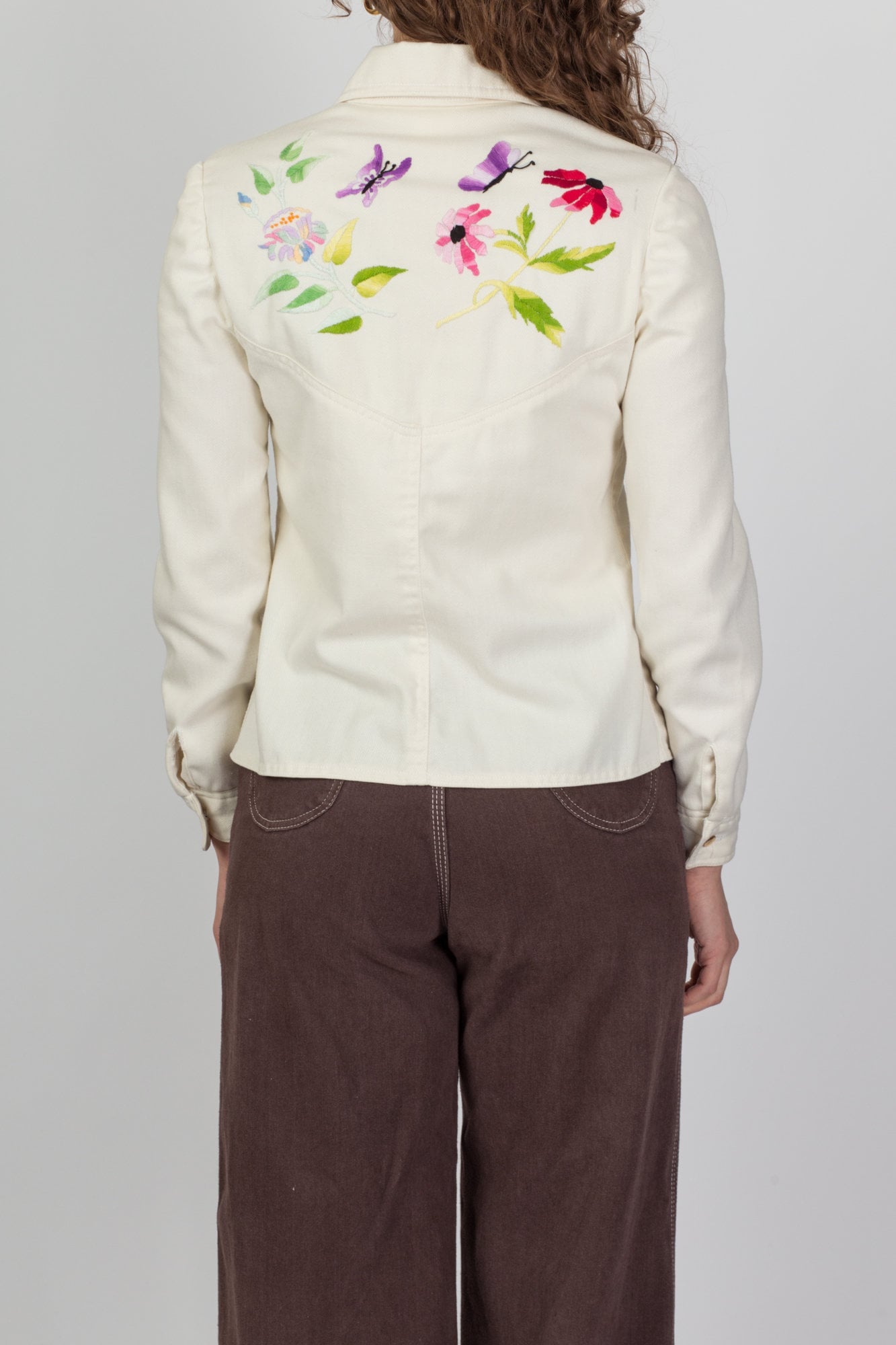 70s Embroidered Off-White Denim Look Jacket - Small 