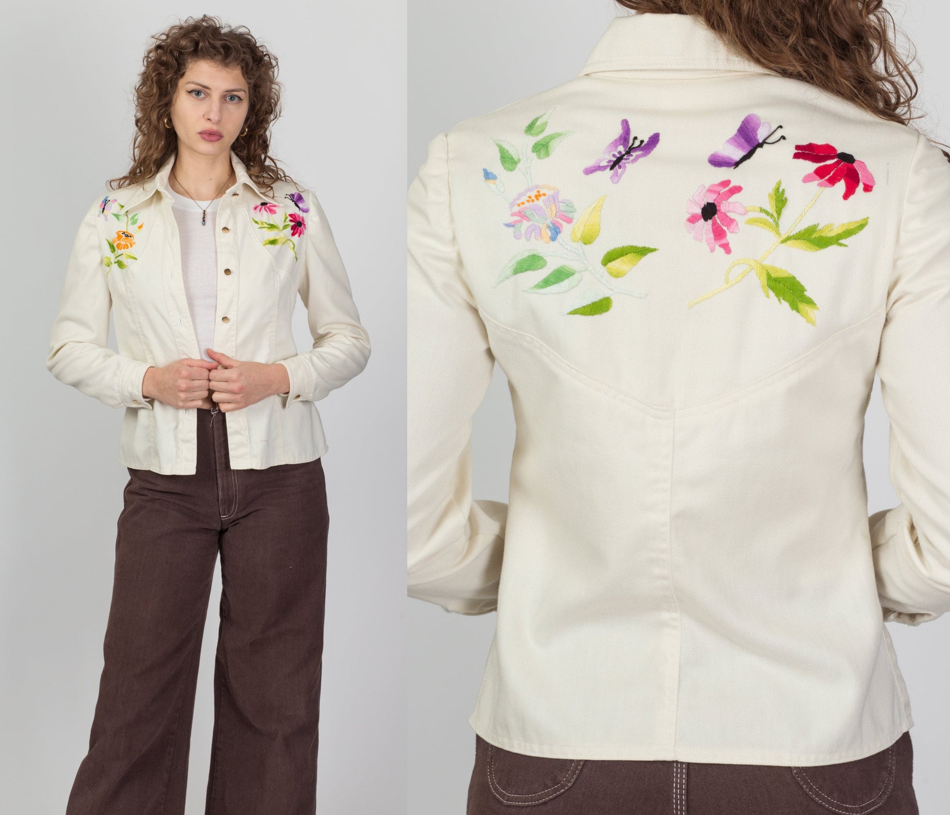 70s Embroidered Off-White Denim Look Jacket - Small 