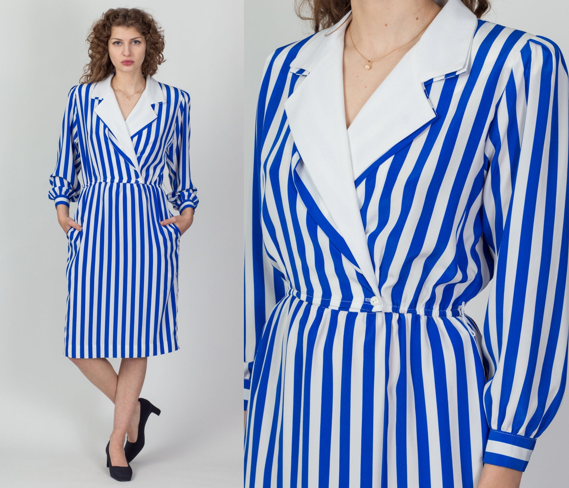 80s Blue & White Striped Secretary Midi Dress - Medium 