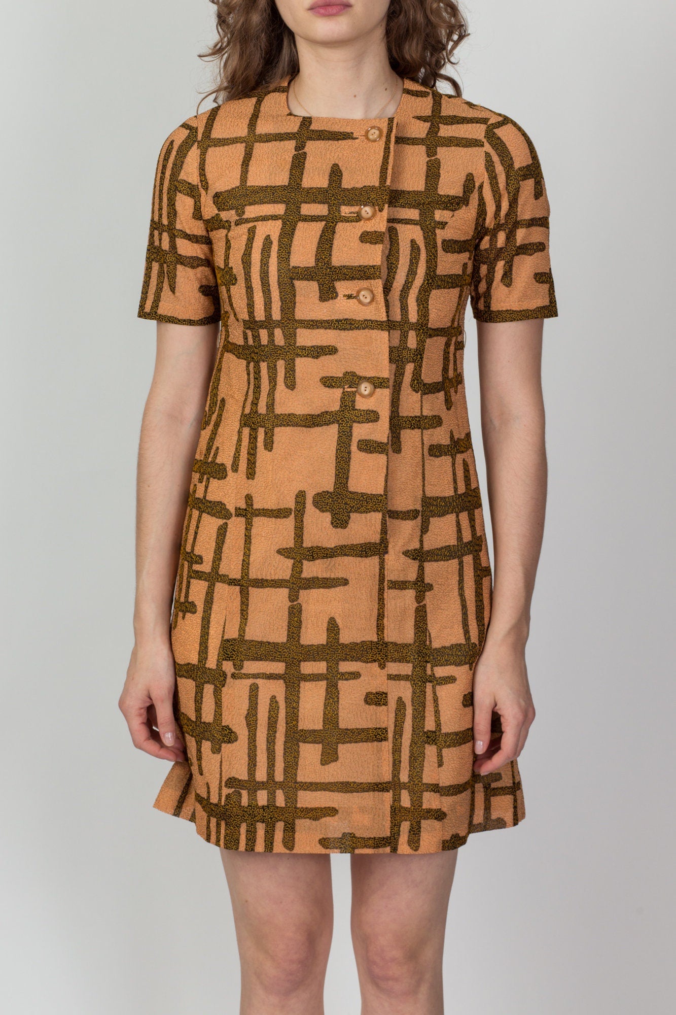 1960s Tiki Embroidered Button Up Shift Dress - Extra Small 