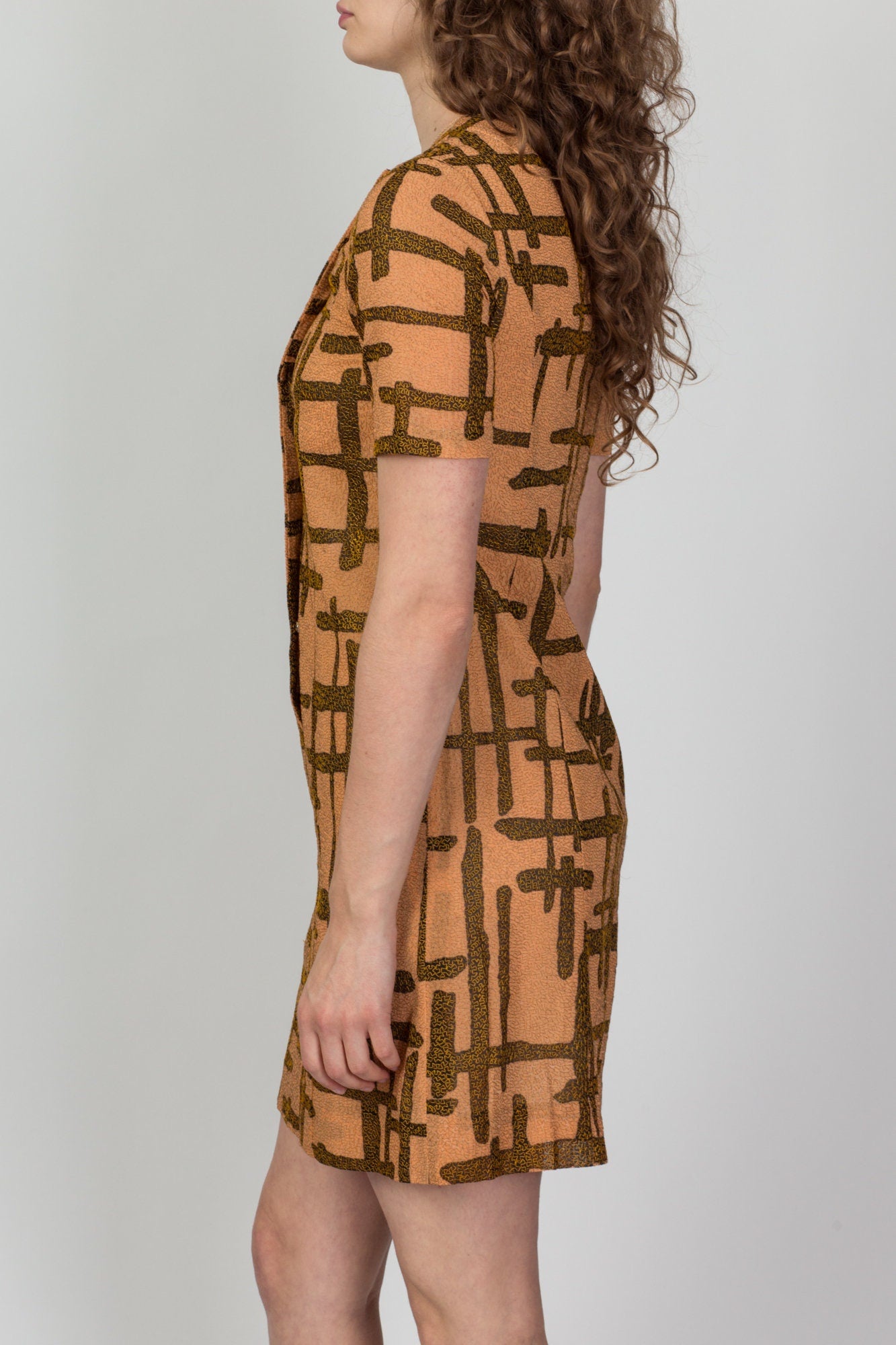 1960s Tiki Embroidered Button Up Shift Dress - Extra Small 