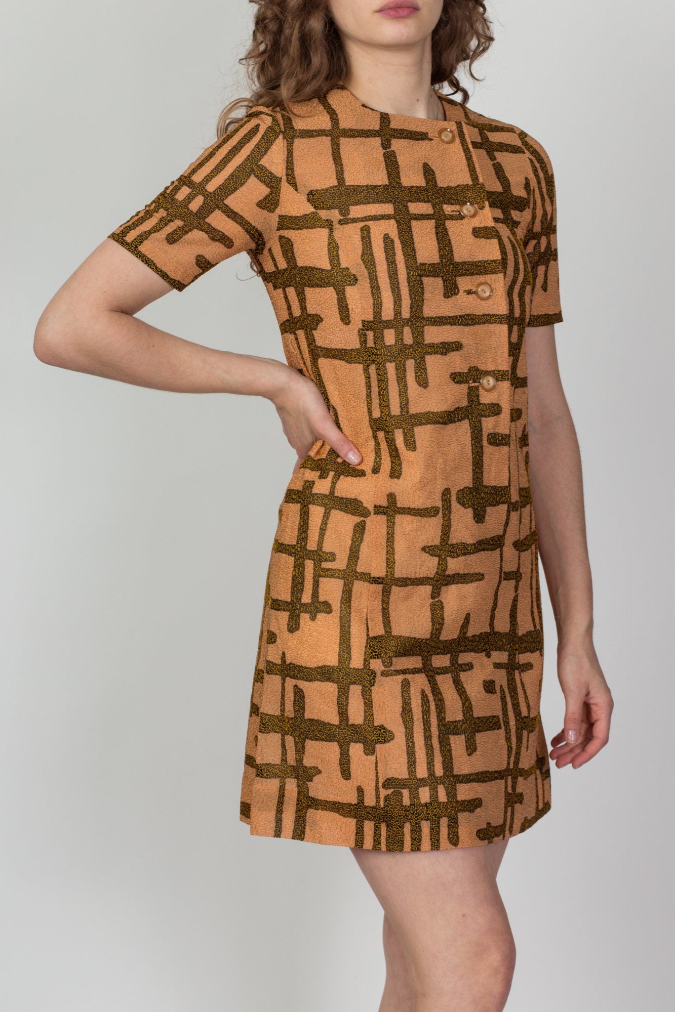 1960s Tiki Embroidered Button Up Shift Dress - Extra Small 