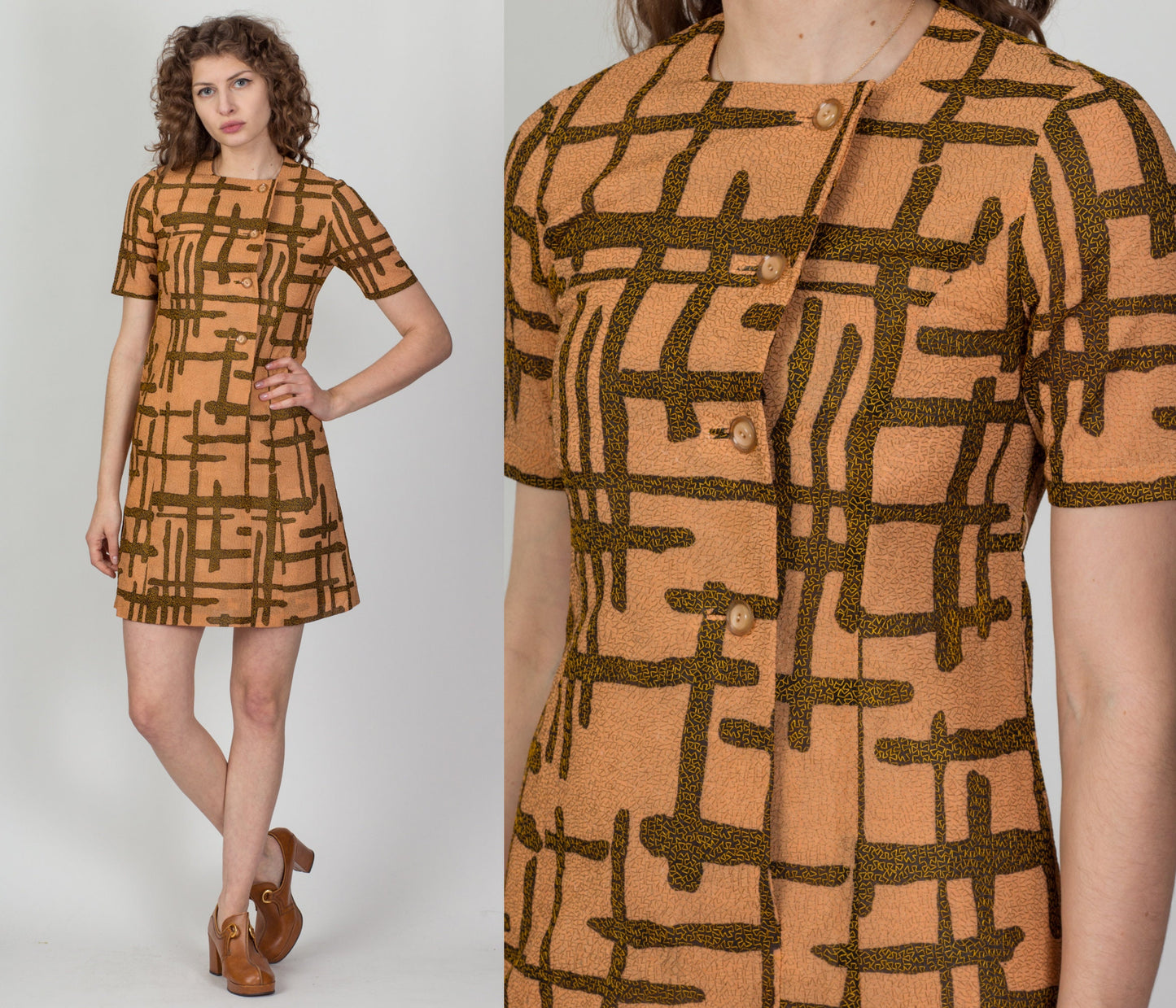1960s Tiki Embroidered Button Up Shift Dress - Extra Small 