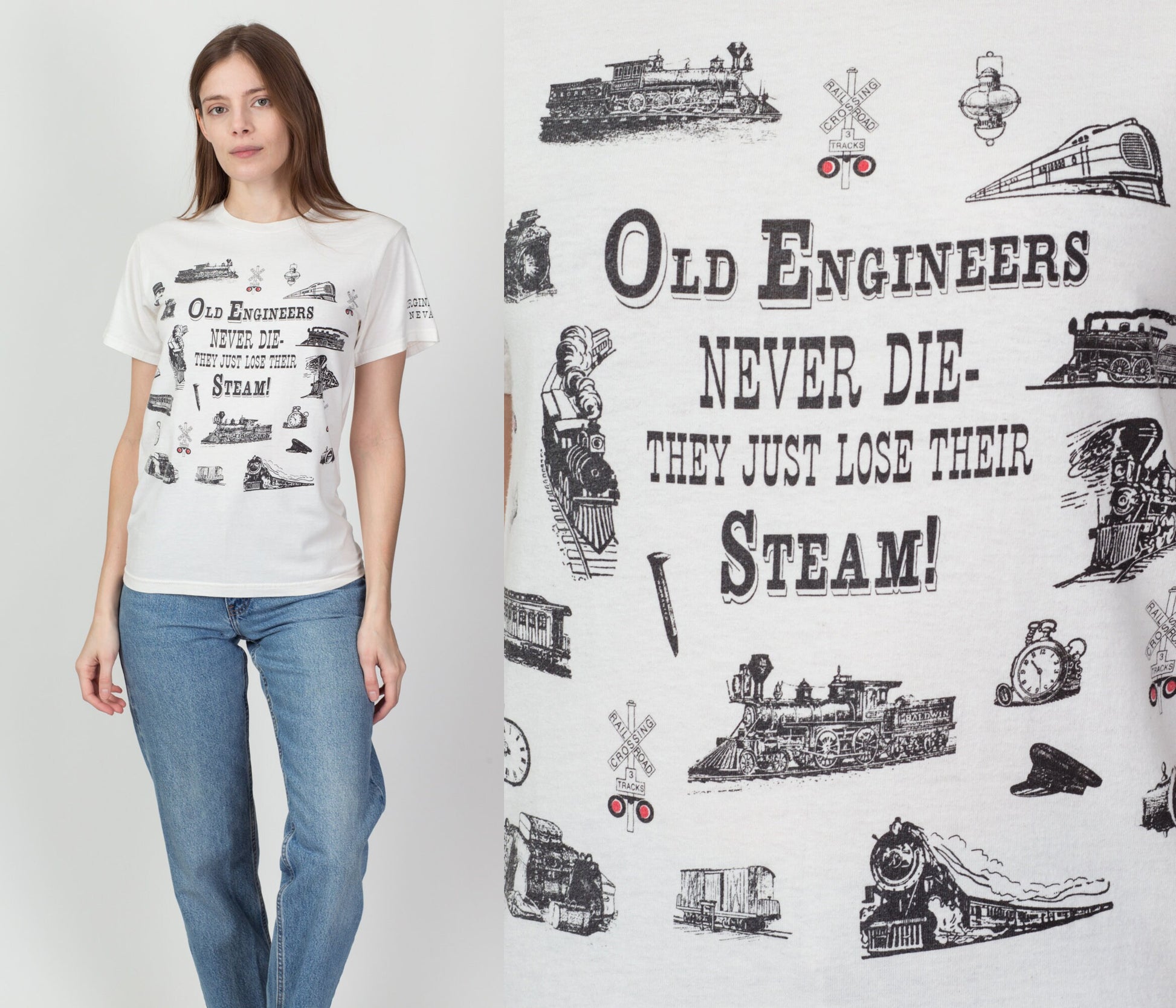 90s "Old Engineers Never Die - They Just Lose Steam" Train Tee - Small 