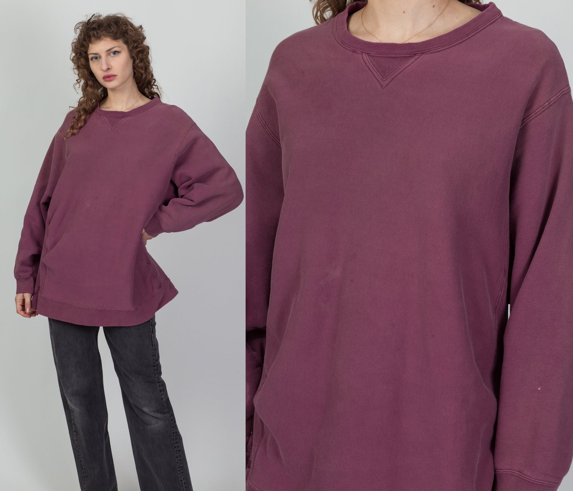 90s Distressed Long Faded Magenta Sweatshirt - Men's XL, Women's XXL 
