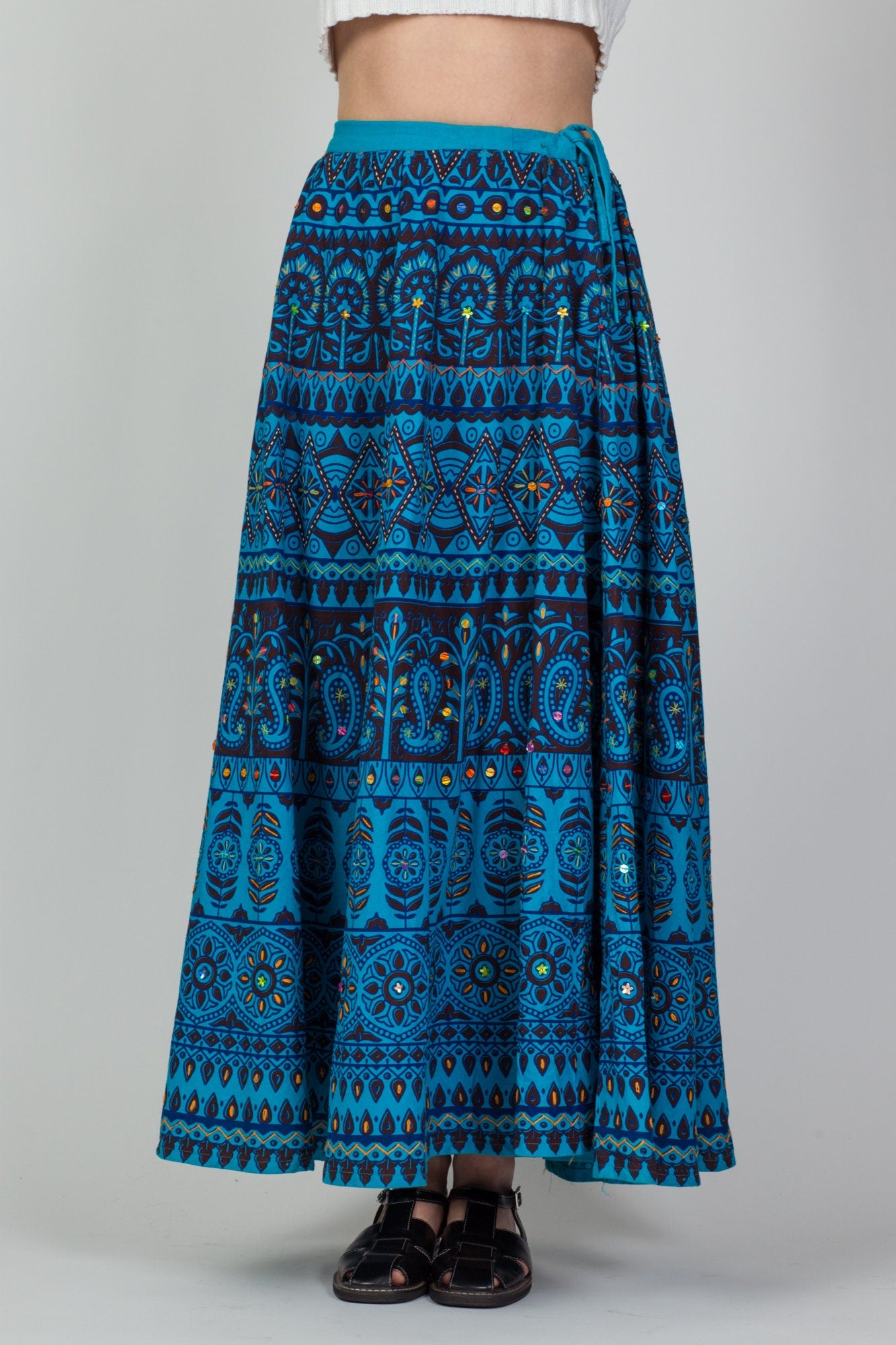 Vintage 70s Blue Indian Block Print Skirt - Small to Medium 