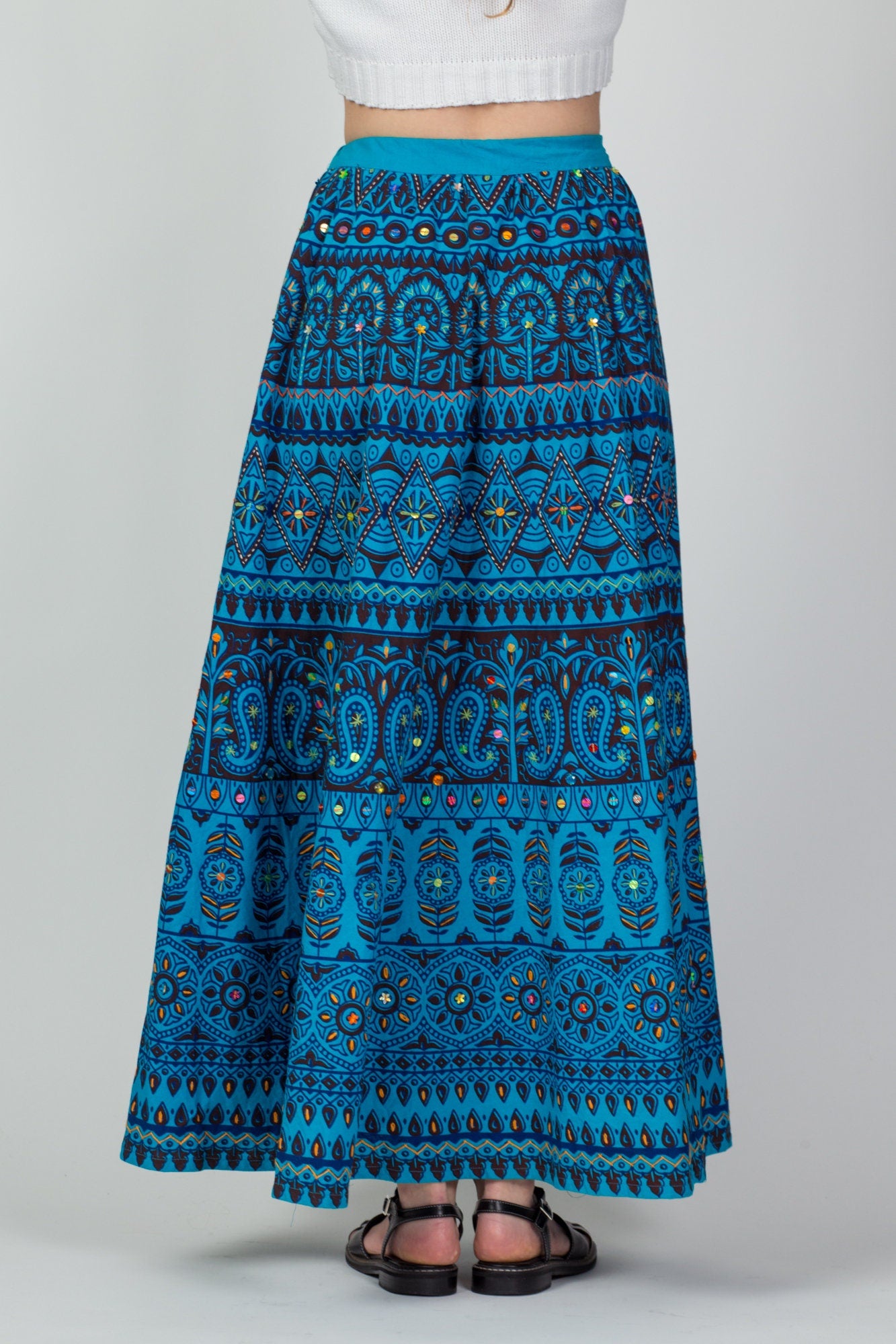 Vintage 70s Blue Indian Block Print Skirt - Small to Medium 