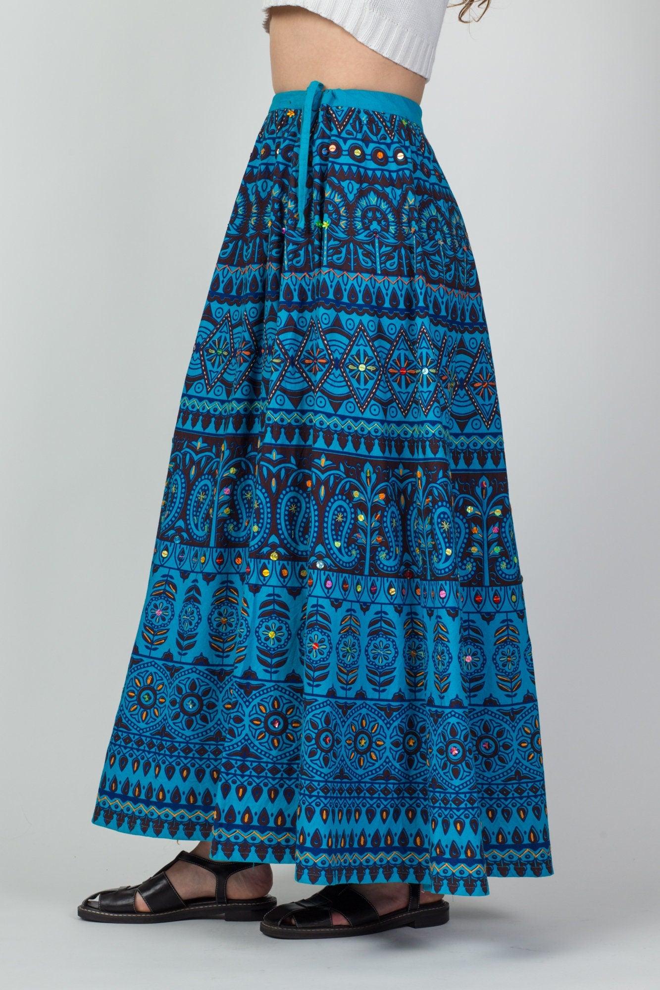 Vintage 70s Blue Indian Block Print Skirt - Small to Medium 