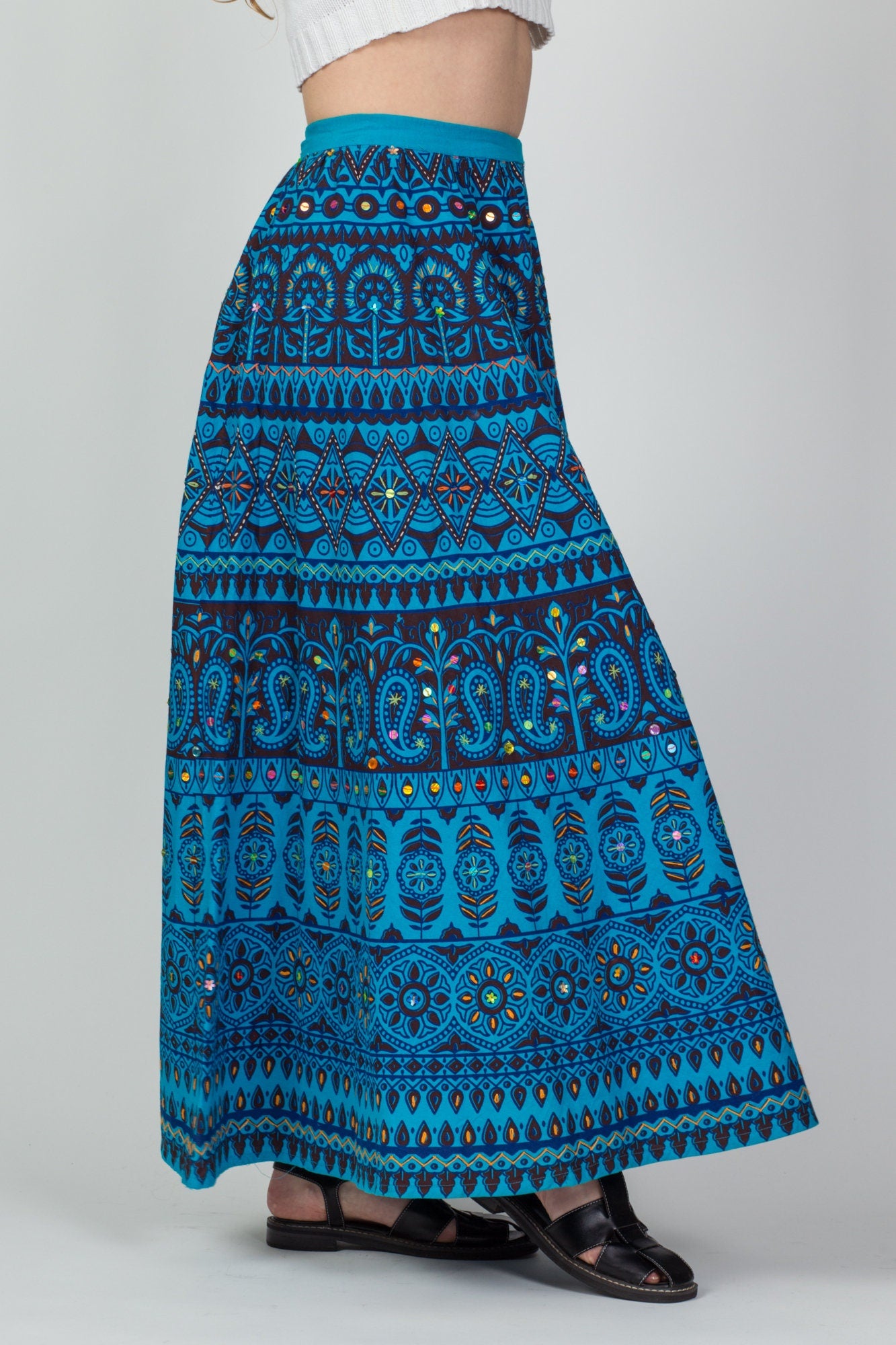 Vintage 70s Blue Indian Block Print Skirt - Small to Medium 