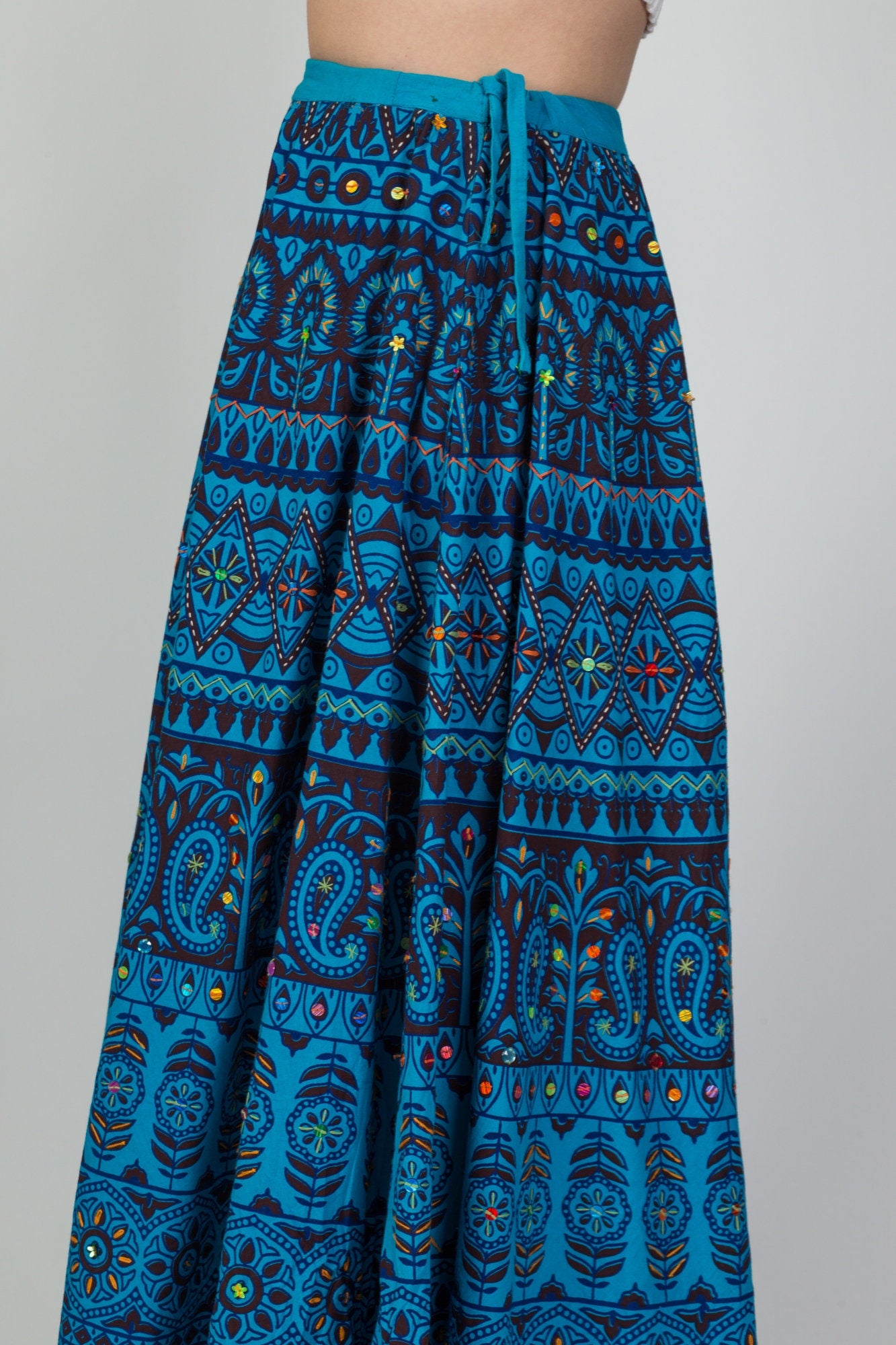 Vintage 70s Blue Indian Block Print Skirt - Small to Medium 