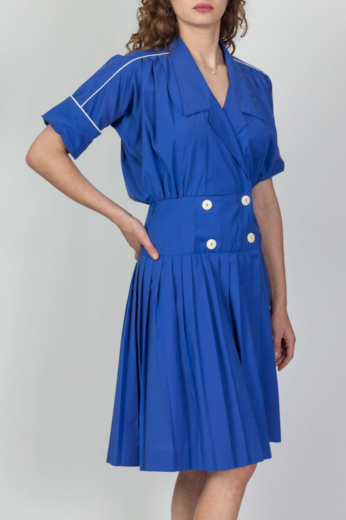 80s Does 40s Blue Double Breasted Pleated Shirtdress - Medium 