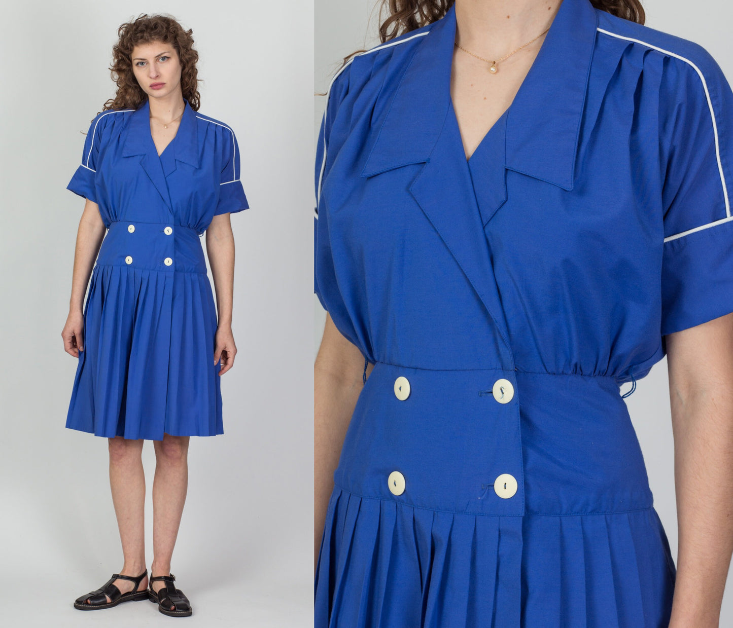 80s Does 40s Blue Double Breasted Pleated Shirtdress - Medium 
