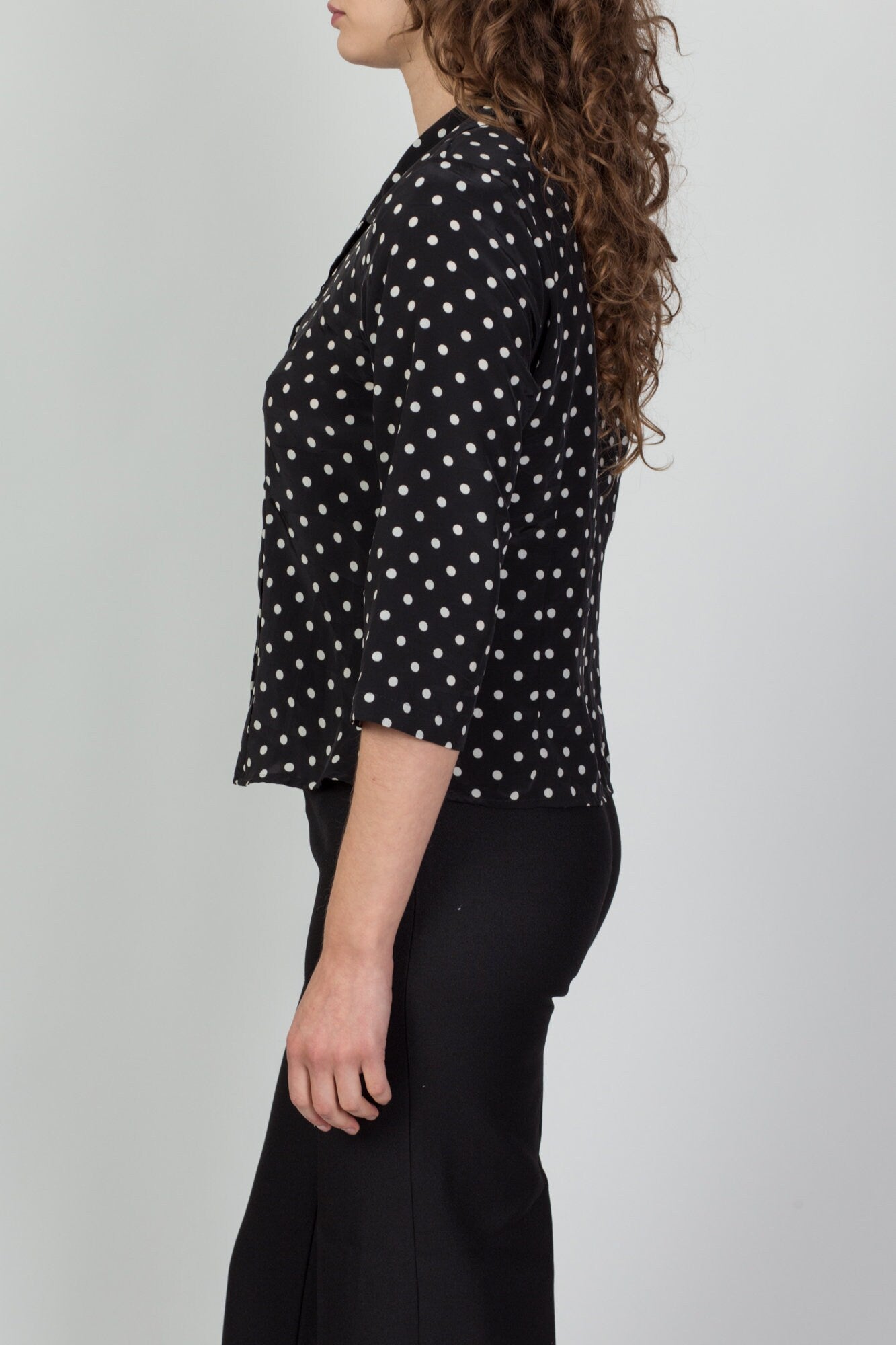 80s 90s Black & White Polka Dot Blouse - Petite Medium 