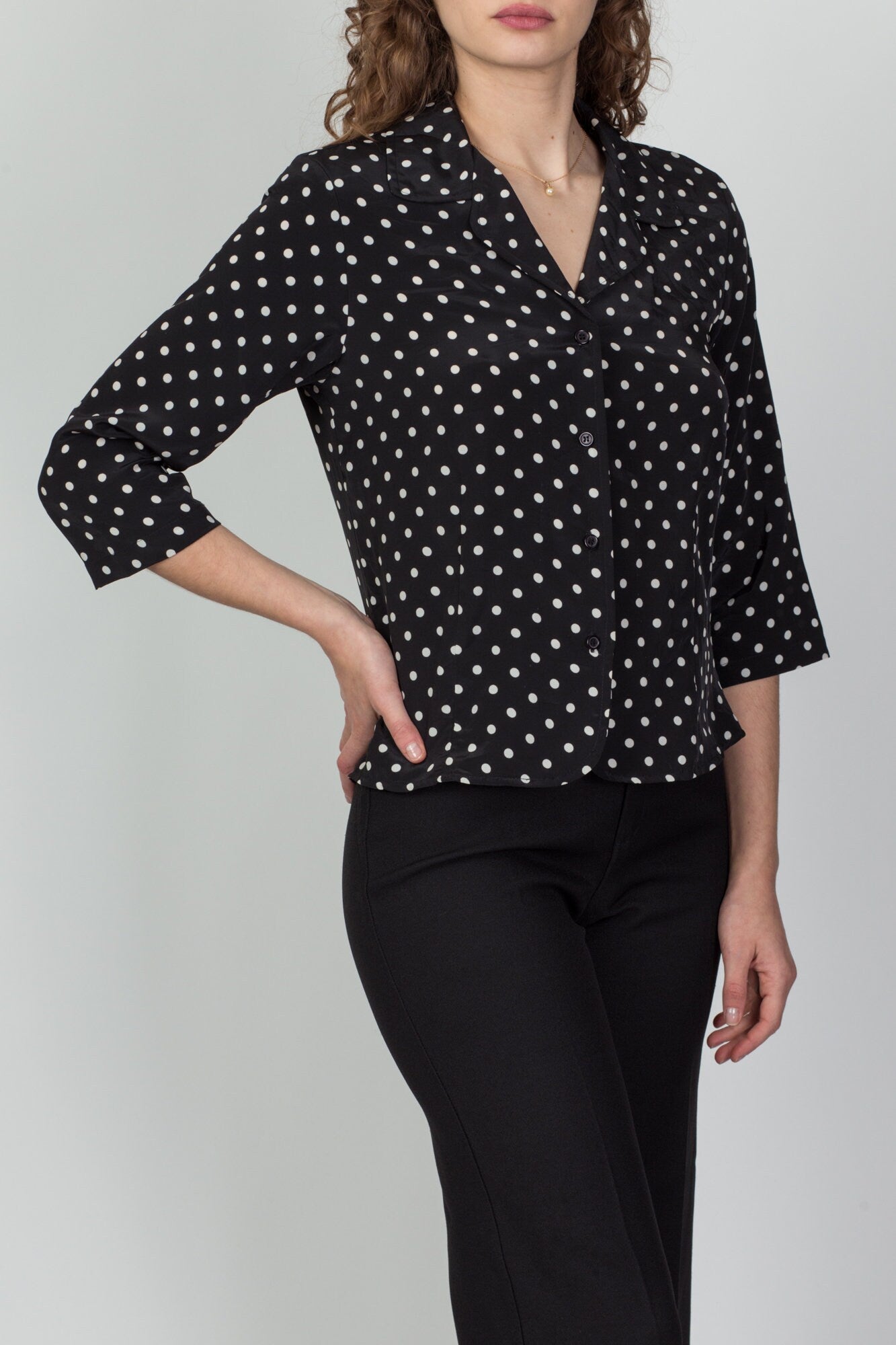 80s 90s Black & White Polka Dot Blouse - Petite Medium 