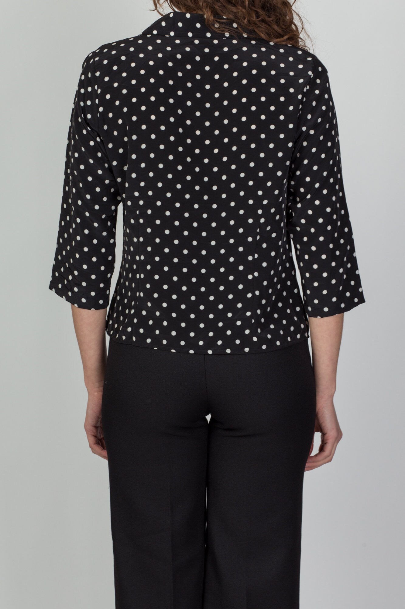 80s 90s Black & White Polka Dot Blouse - Petite Medium 