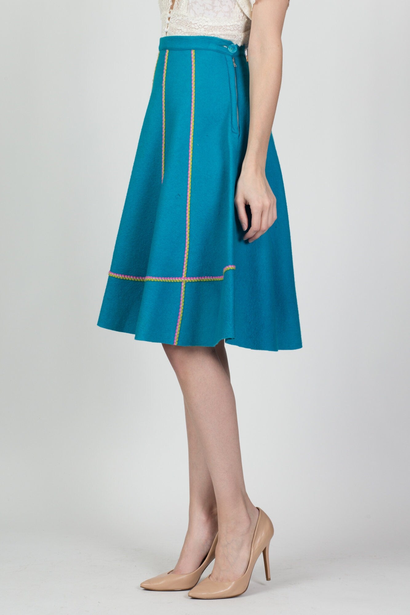 Vintage 60s Teal Felt Striped Skirt - Small, 27" 
