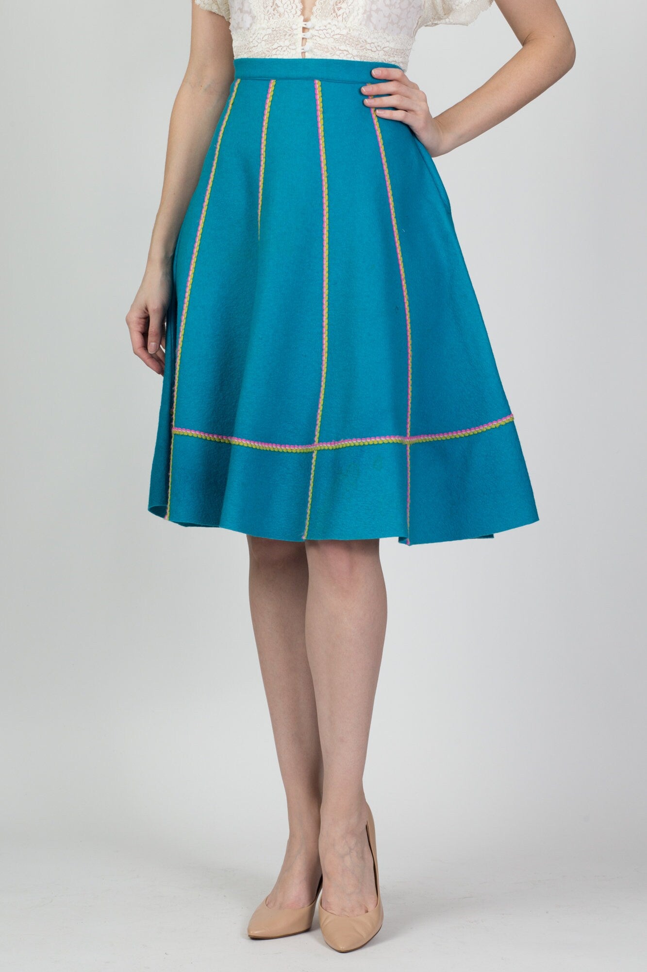 Vintage 60s Teal Felt Striped Skirt - Small, 27" 