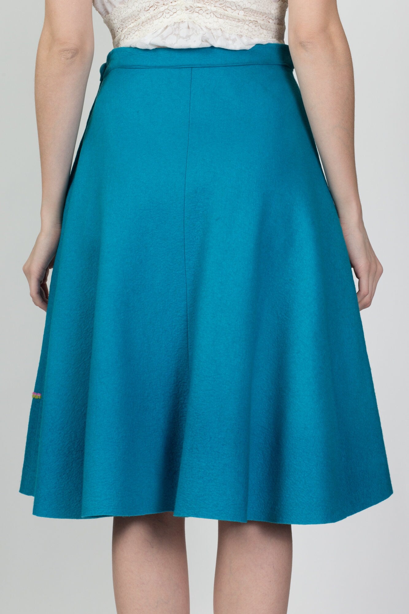 Vintage 60s Teal Felt Striped Skirt - Small, 27" 