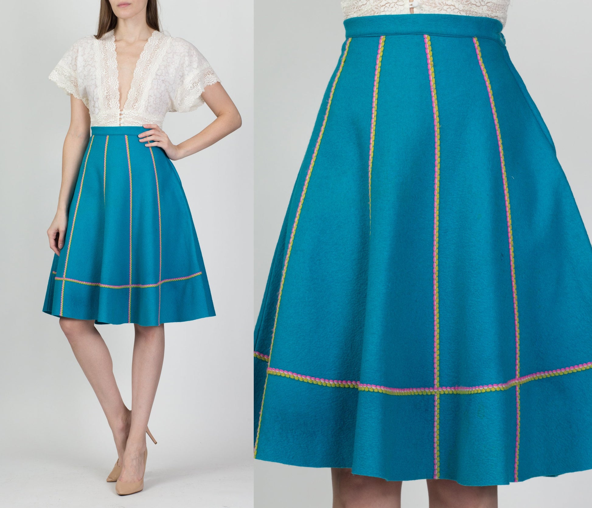 Vintage 60s Teal Felt Striped Skirt - Small, 27" 