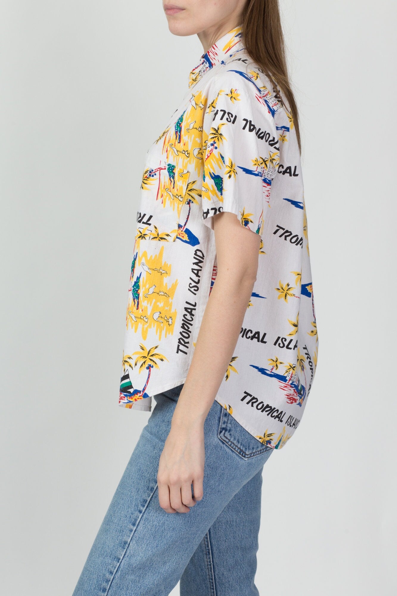 80s Tropical Island All-Over Print Aloha Shirt - Men's Medium, Women's Large 