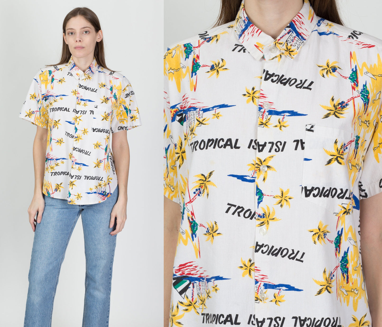 80s Tropical Island All-Over Print Aloha Shirt - Men's Medium, Women's Large 