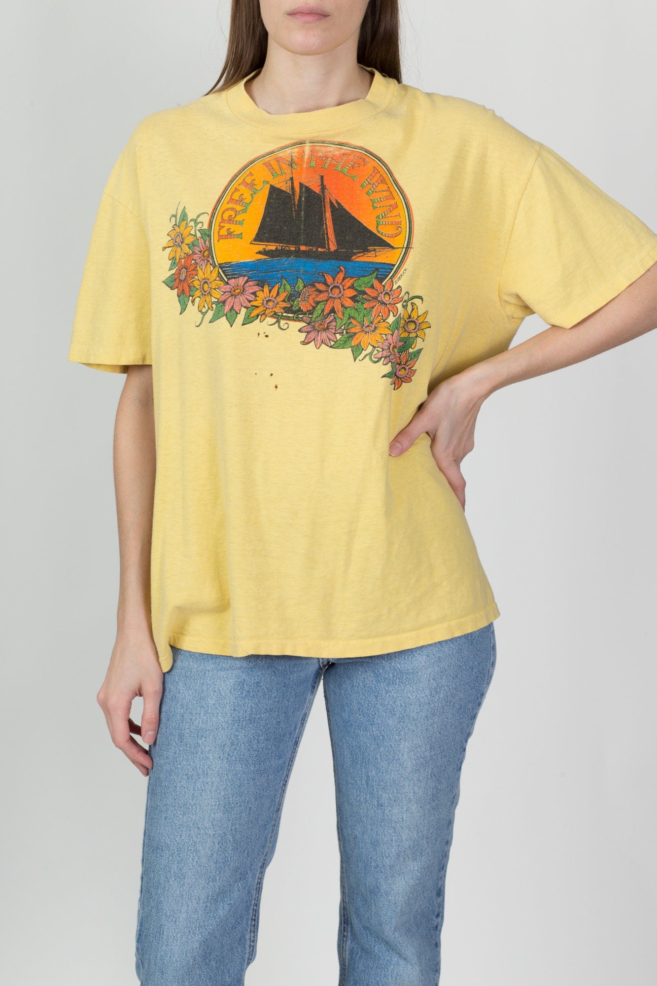 80s Free In The Wind Ship Graphic Tee - Men's XL 