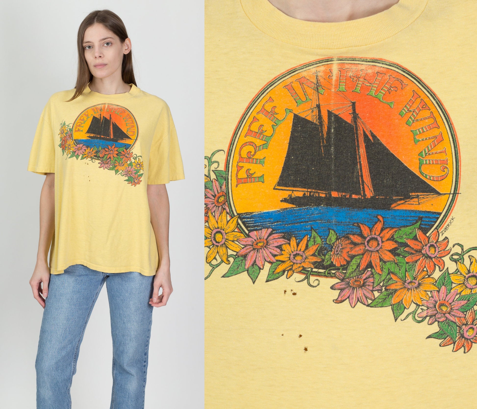 80s Free In The Wind Ship Graphic Tee - Men's XL 