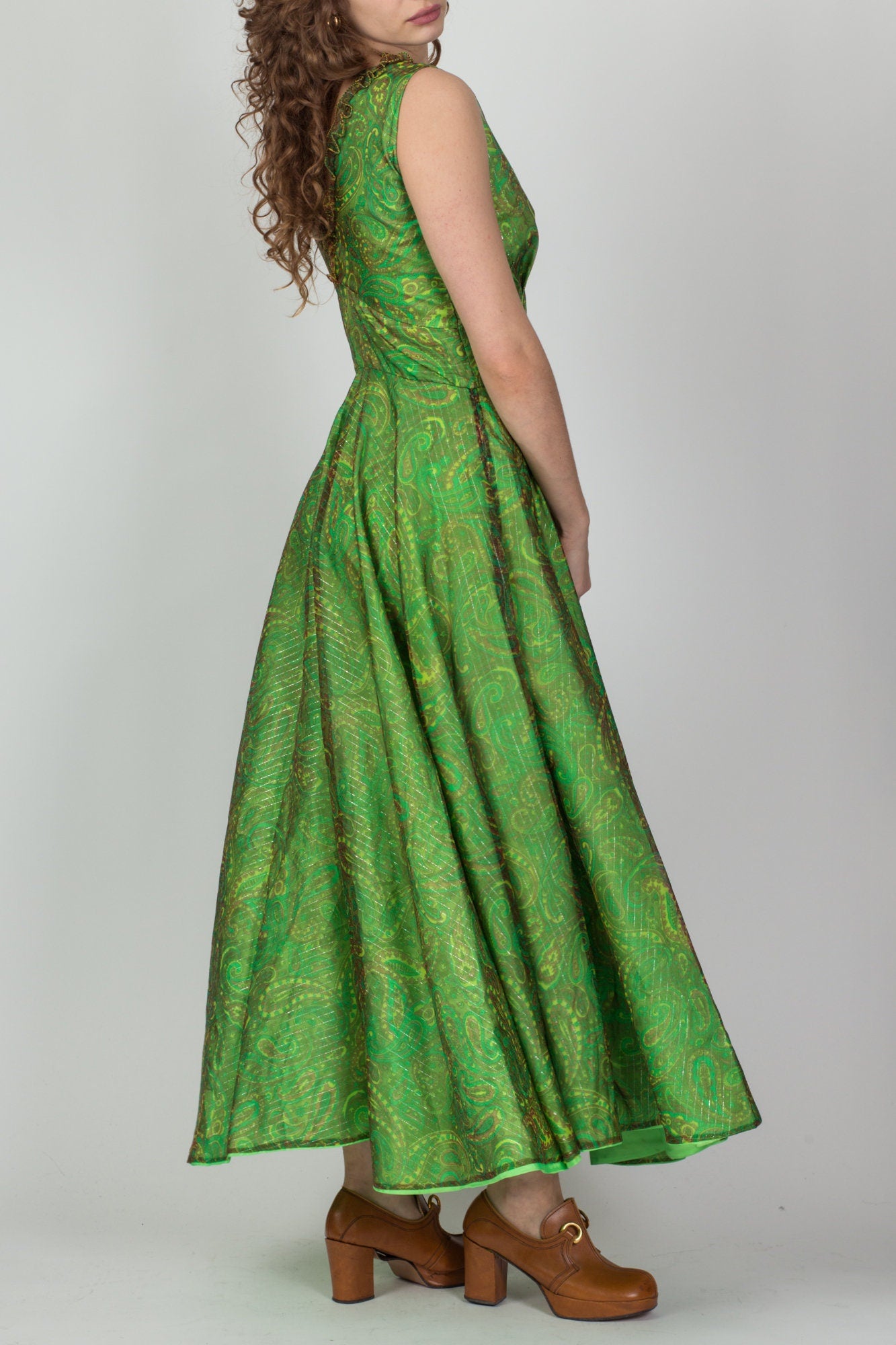 60s Green Paisley Metallic Chiffon Party Dress - Medium 