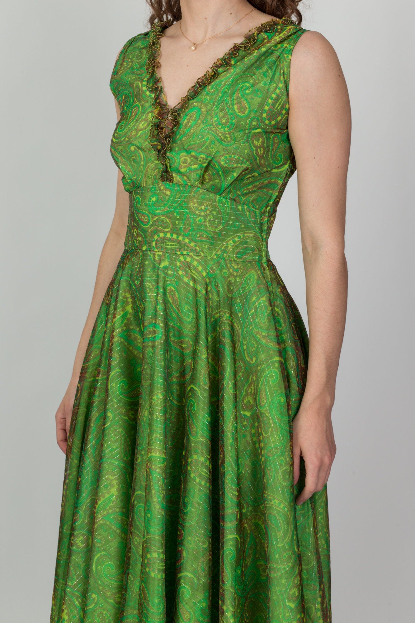 60s Green Paisley Metallic Chiffon Party Dress - Medium 