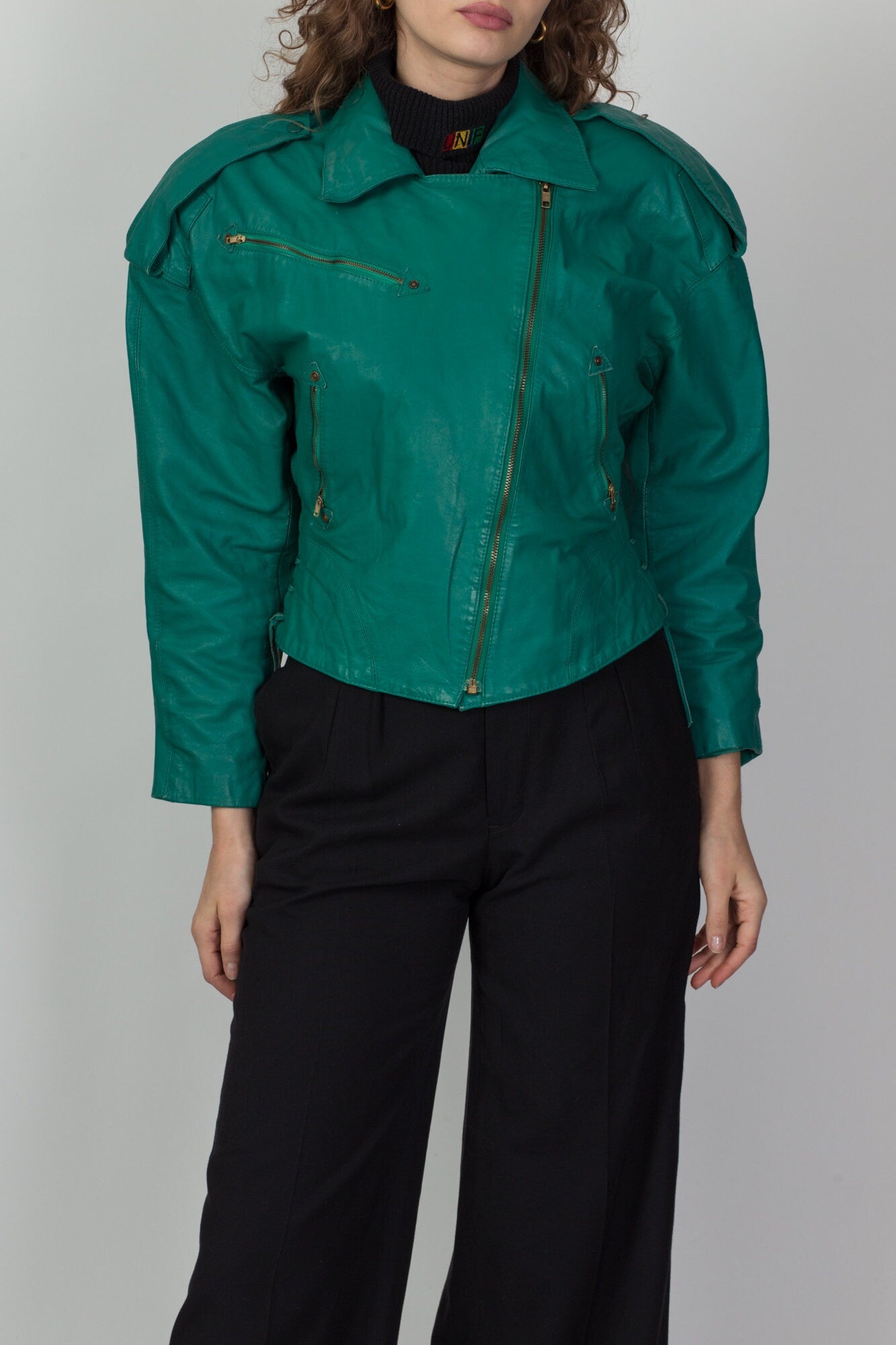 Vintage 80s Teal Green Leather Crop Jacket - Small 