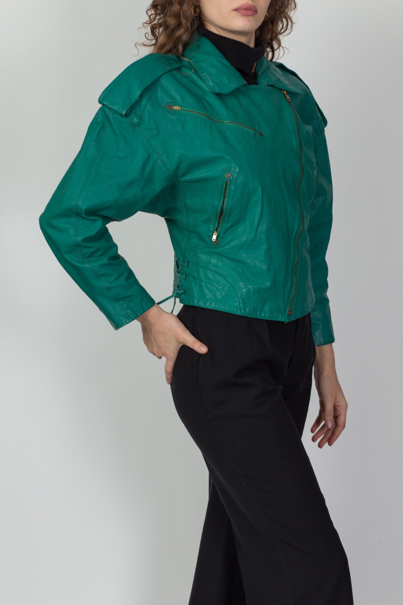 Vintage 80s Teal Green Leather Crop Jacket - Small 