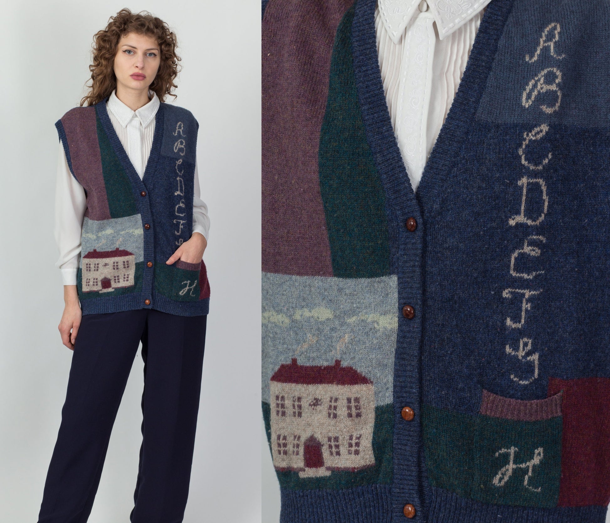 90s School House & Alphabet Novelty Knit Vest - Large 