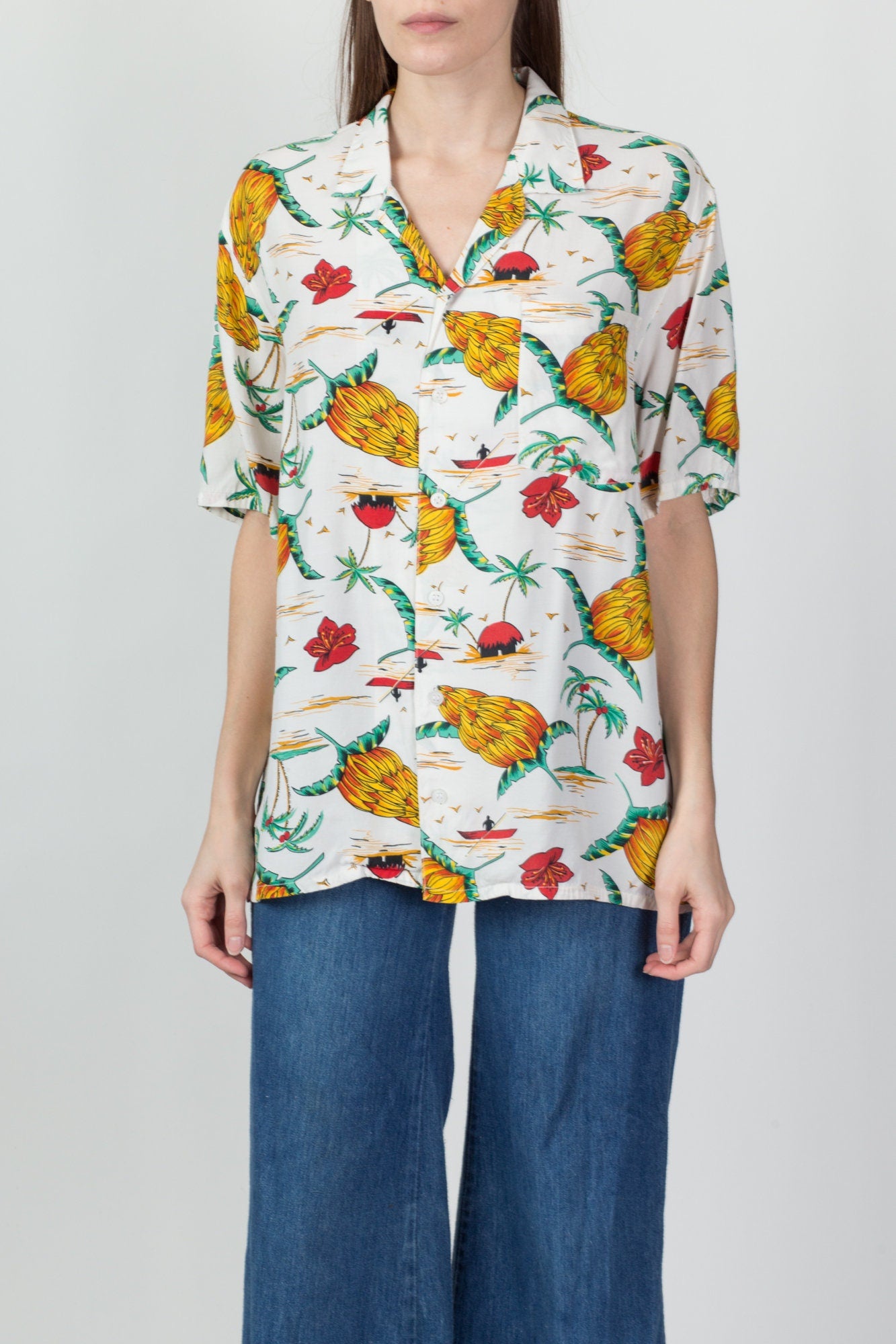 90s Tropical All-Over Print Aloha Shirt - Men's Large 