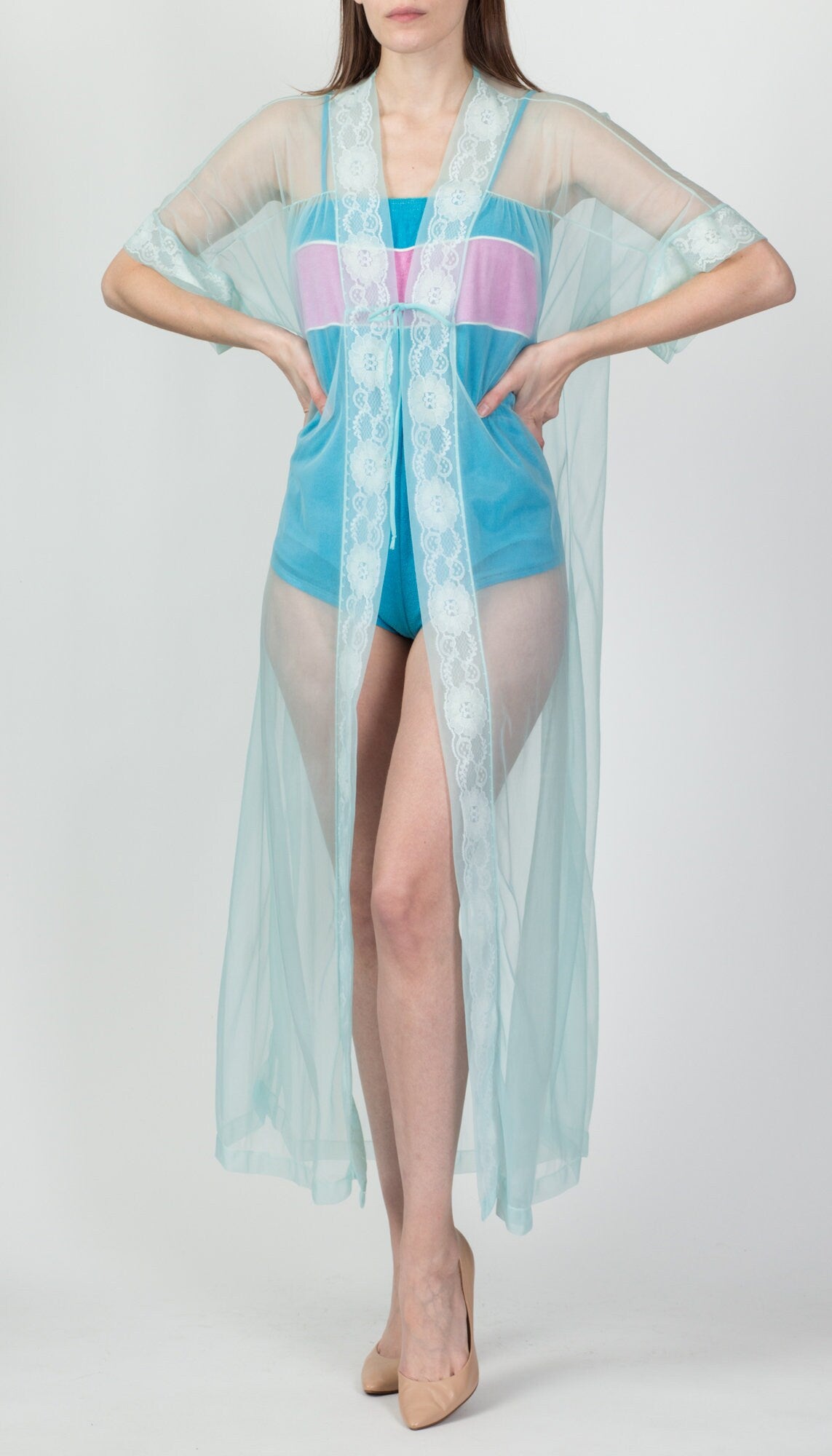70s Sheer Blue Lace Trim Peignoir Robe - One Size 