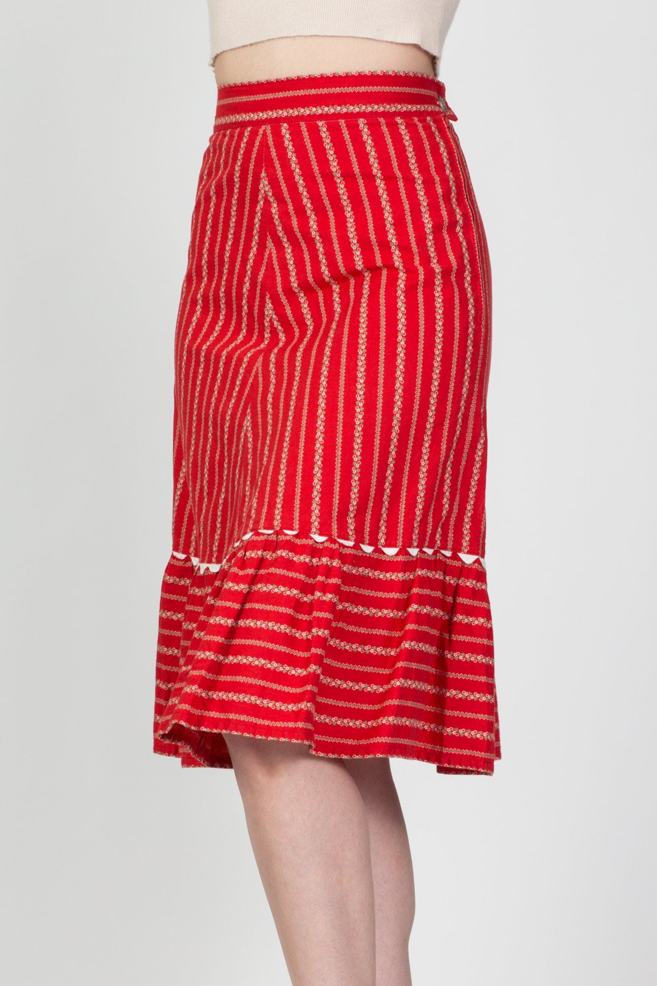 70s Red Floral Skirt - Medium, 28" 