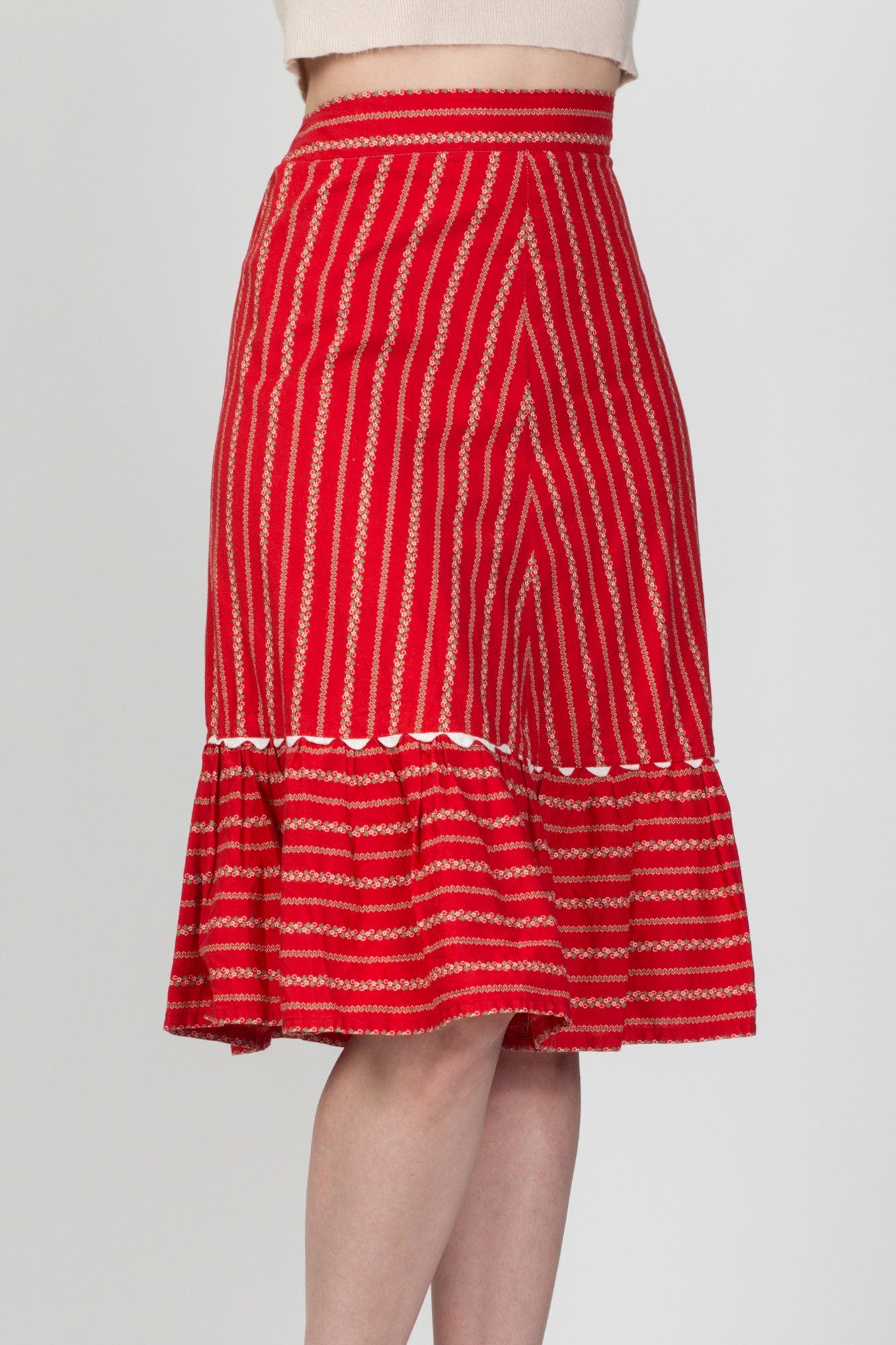 70s Red Floral Skirt - Medium, 28" 