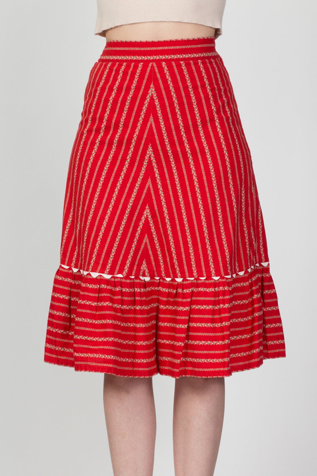 70s Red Floral Skirt - Medium, 28" 