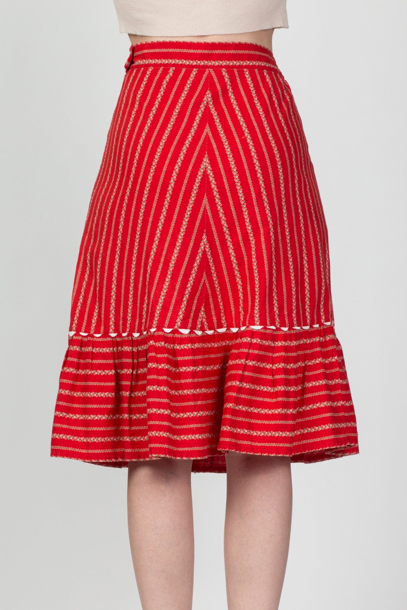 70s Red Floral Skirt - Medium, 28" 