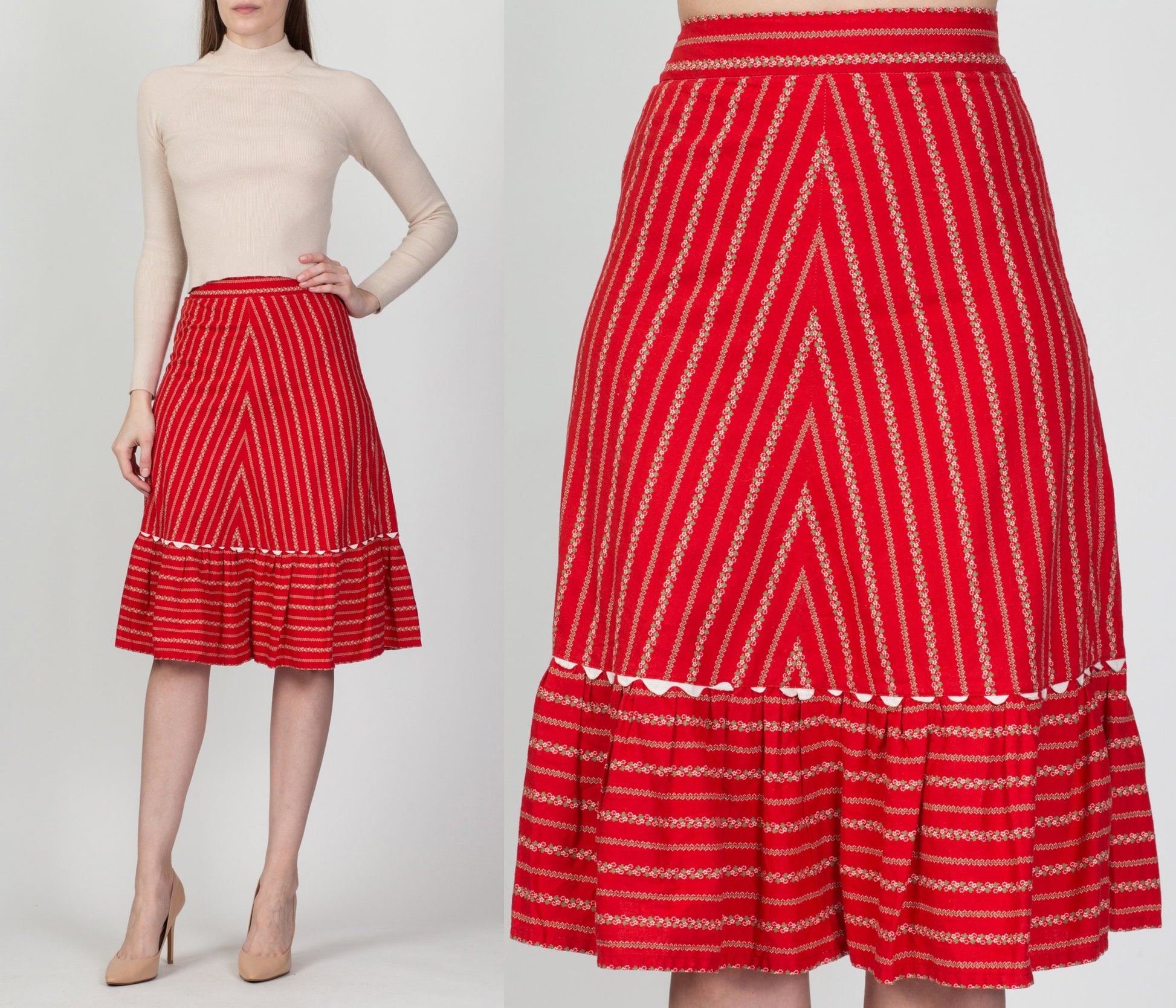 70s Red Floral Skirt - Medium, 28" 