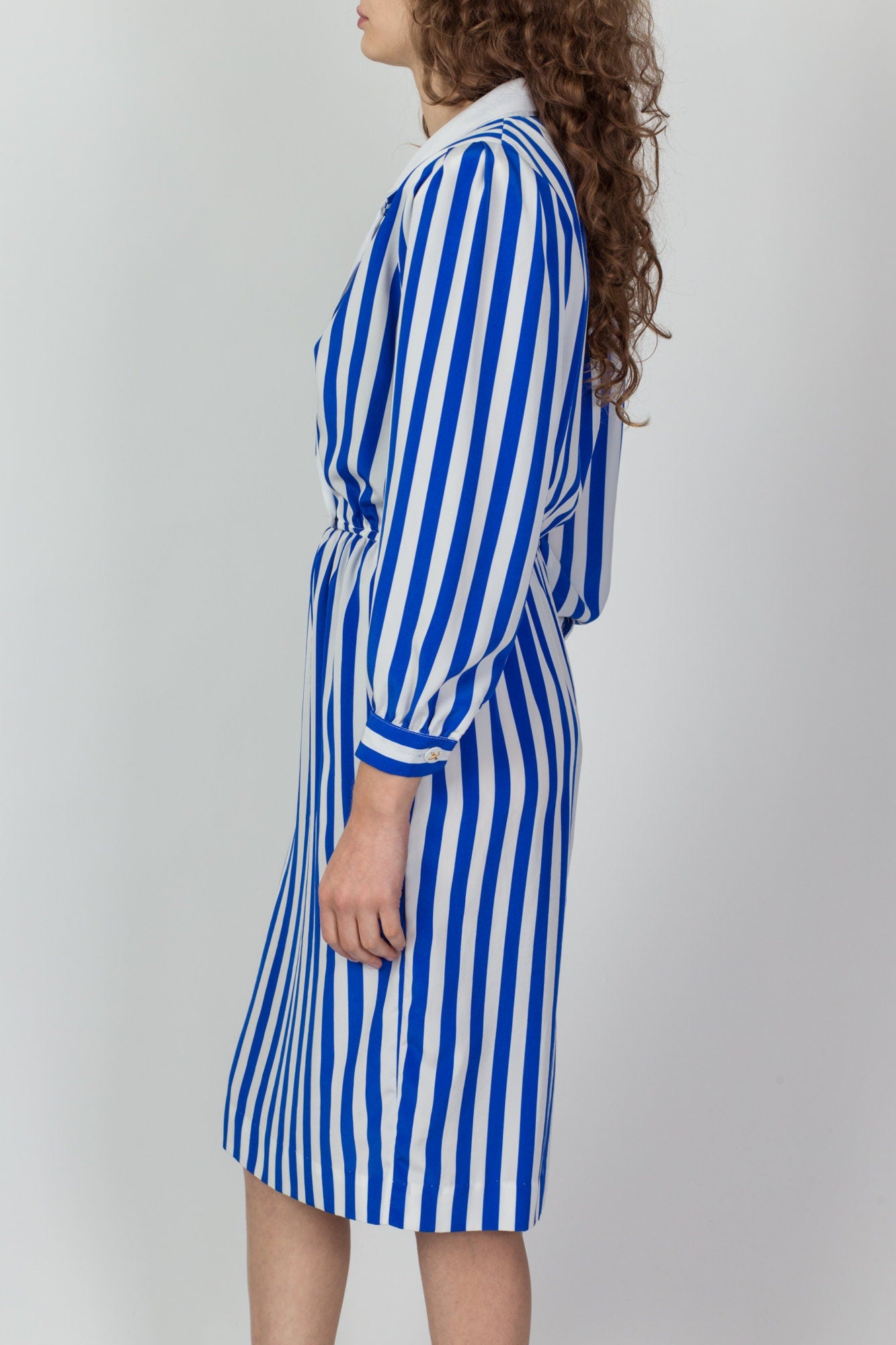 80s Blue & White Striped Secretary Midi Dress - Medium 