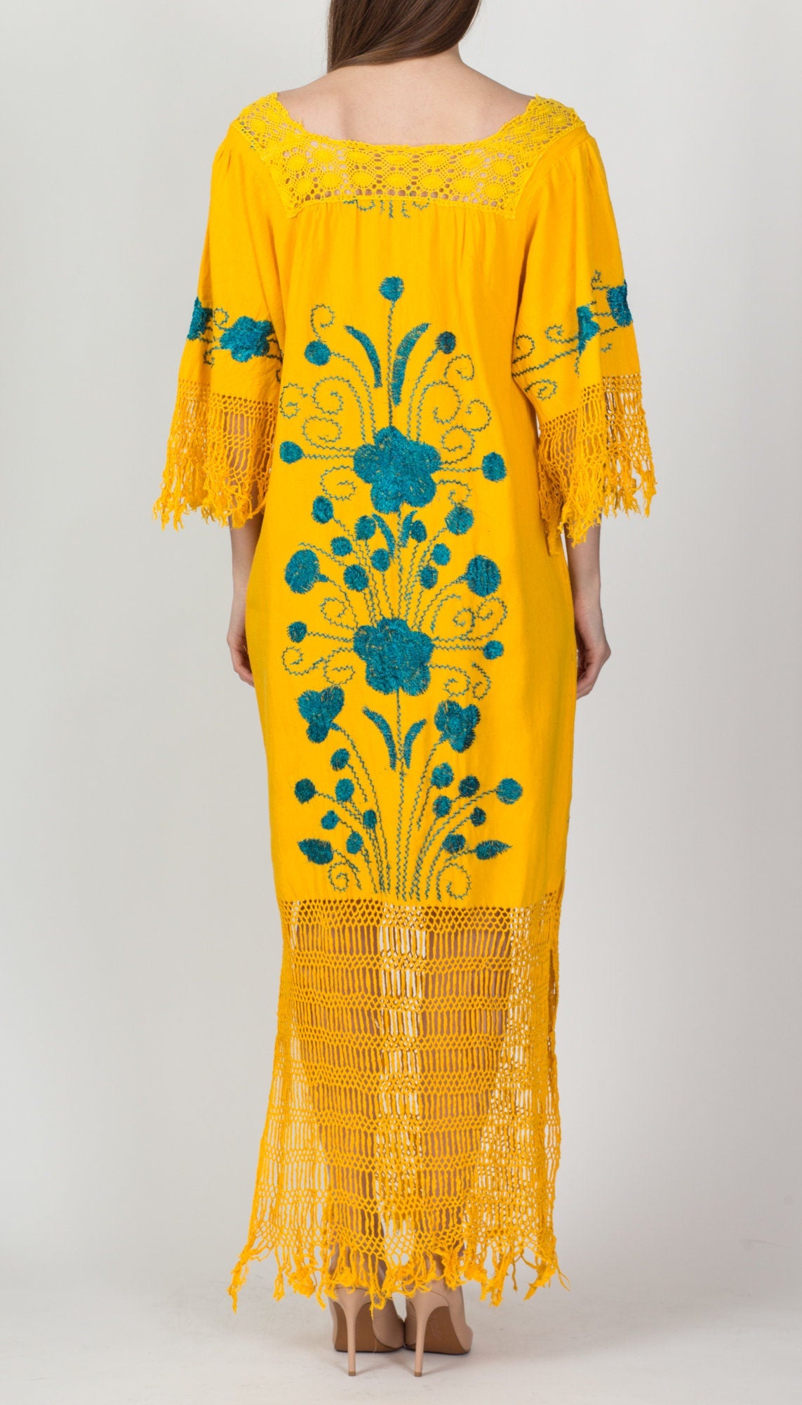 Vintage Yellow Embroidered Fringe Kaftan Dress - One Size 