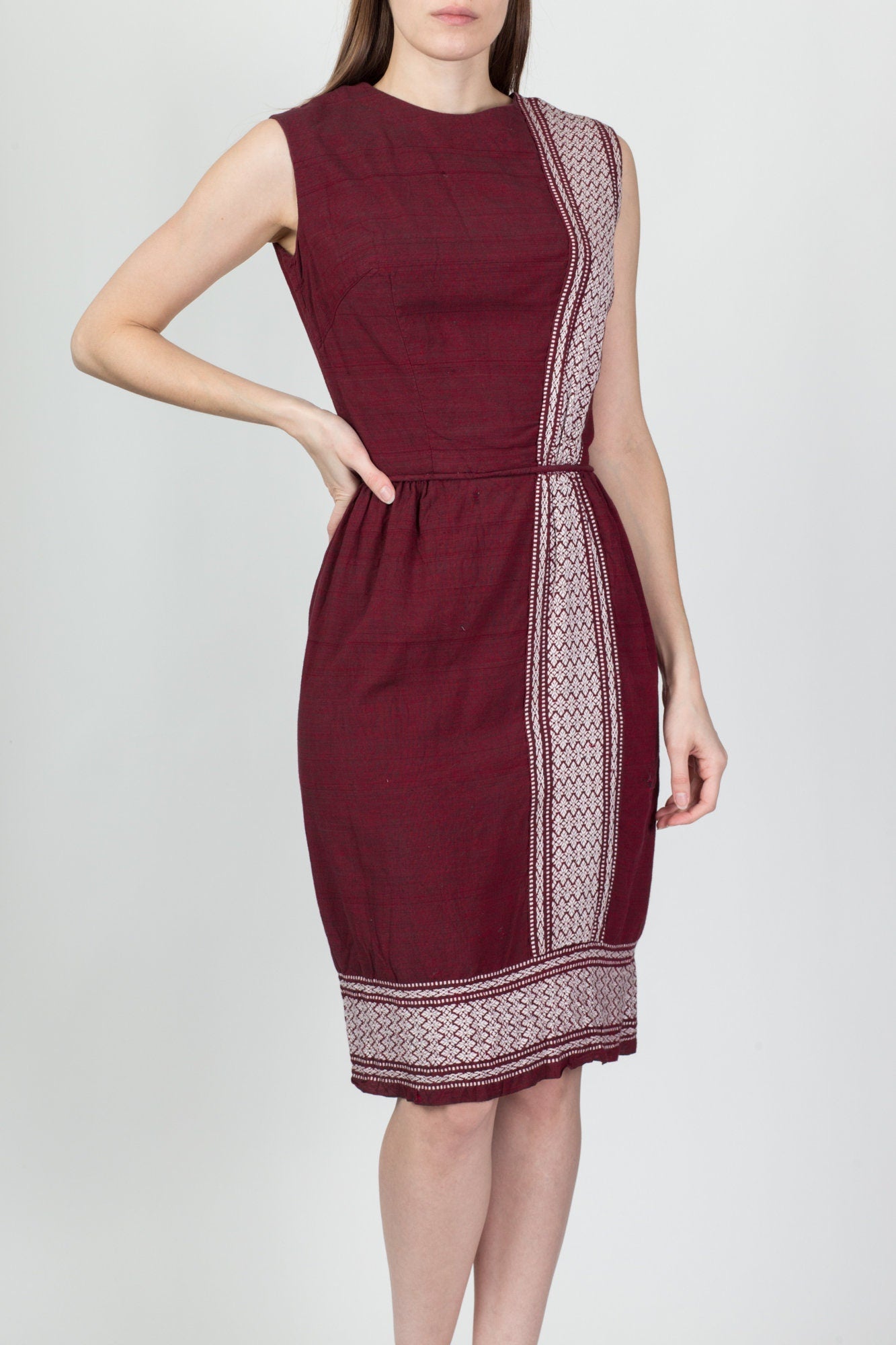 Vintage Maroon Embroidered Sheath Dress - Extra Small 