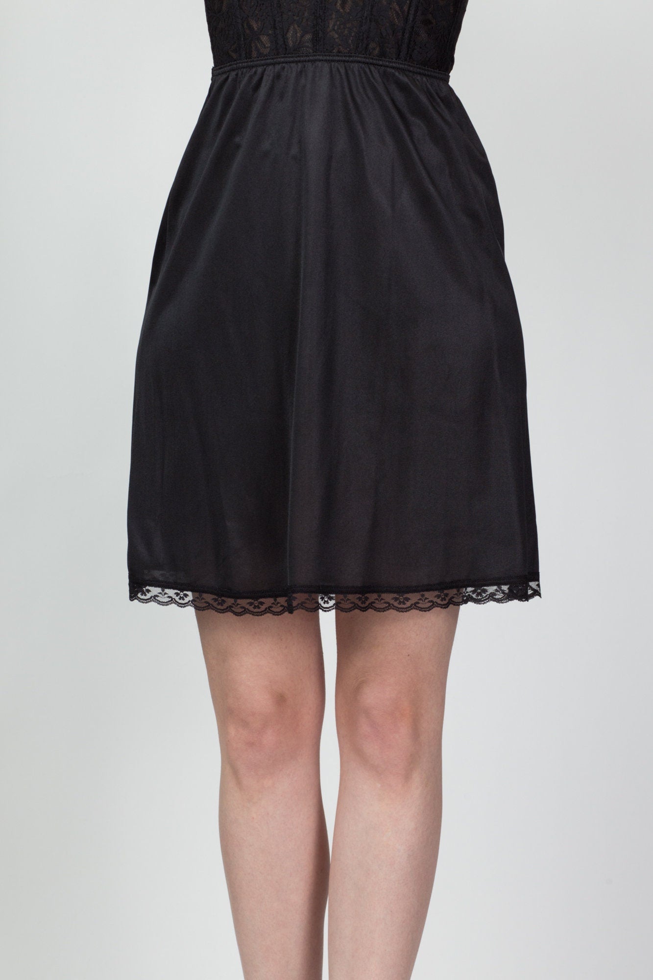 70s Black Mini Skirt Slip - Medium 
