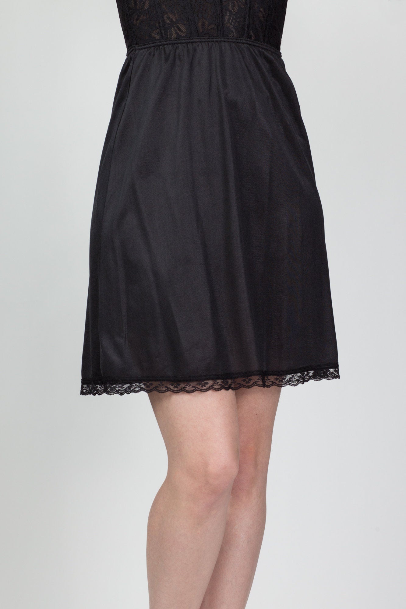 70s Black Mini Skirt Slip - Medium 