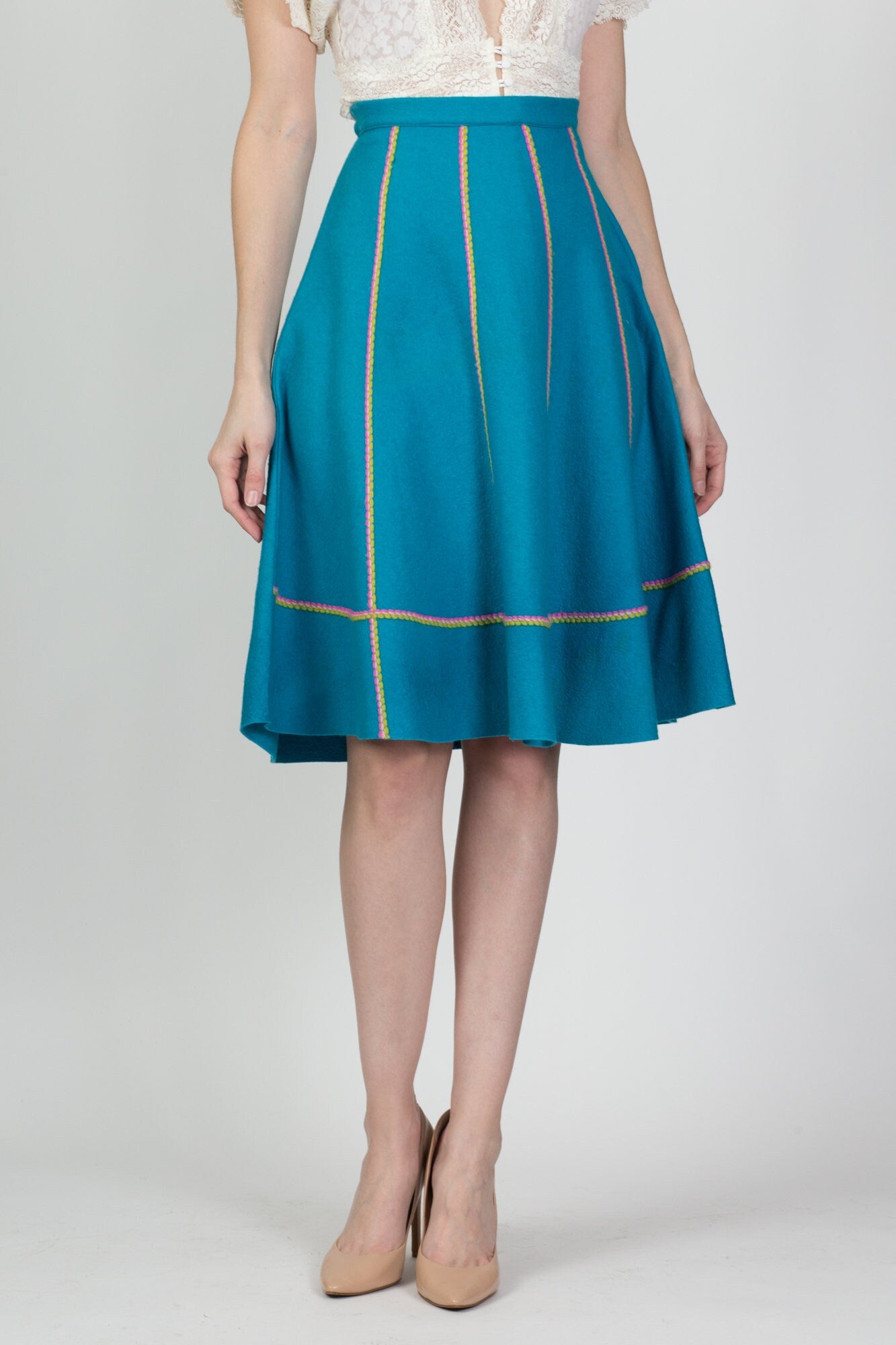 Vintage 60s Teal Felt Striped Skirt - Small, 27" 