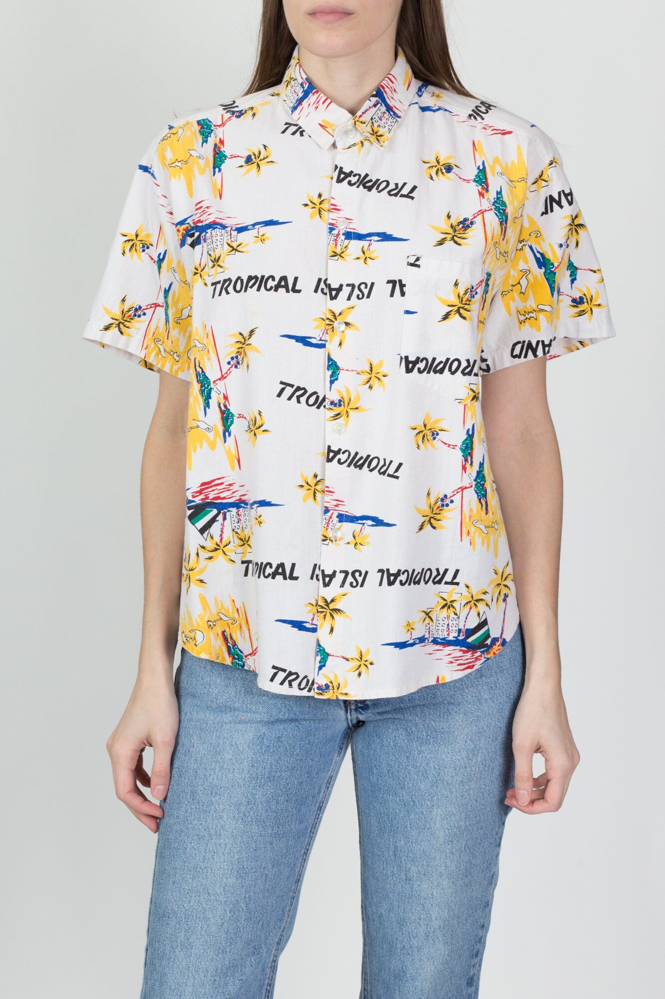 80s Tropical Island All-Over Print Aloha Shirt - Men's Medium, Women's Large 