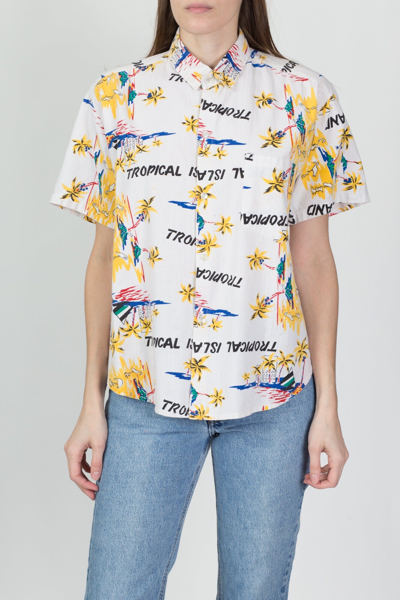 80s Tropical Island All-Over Print Aloha Shirt - Men's Medium, Women's Large 